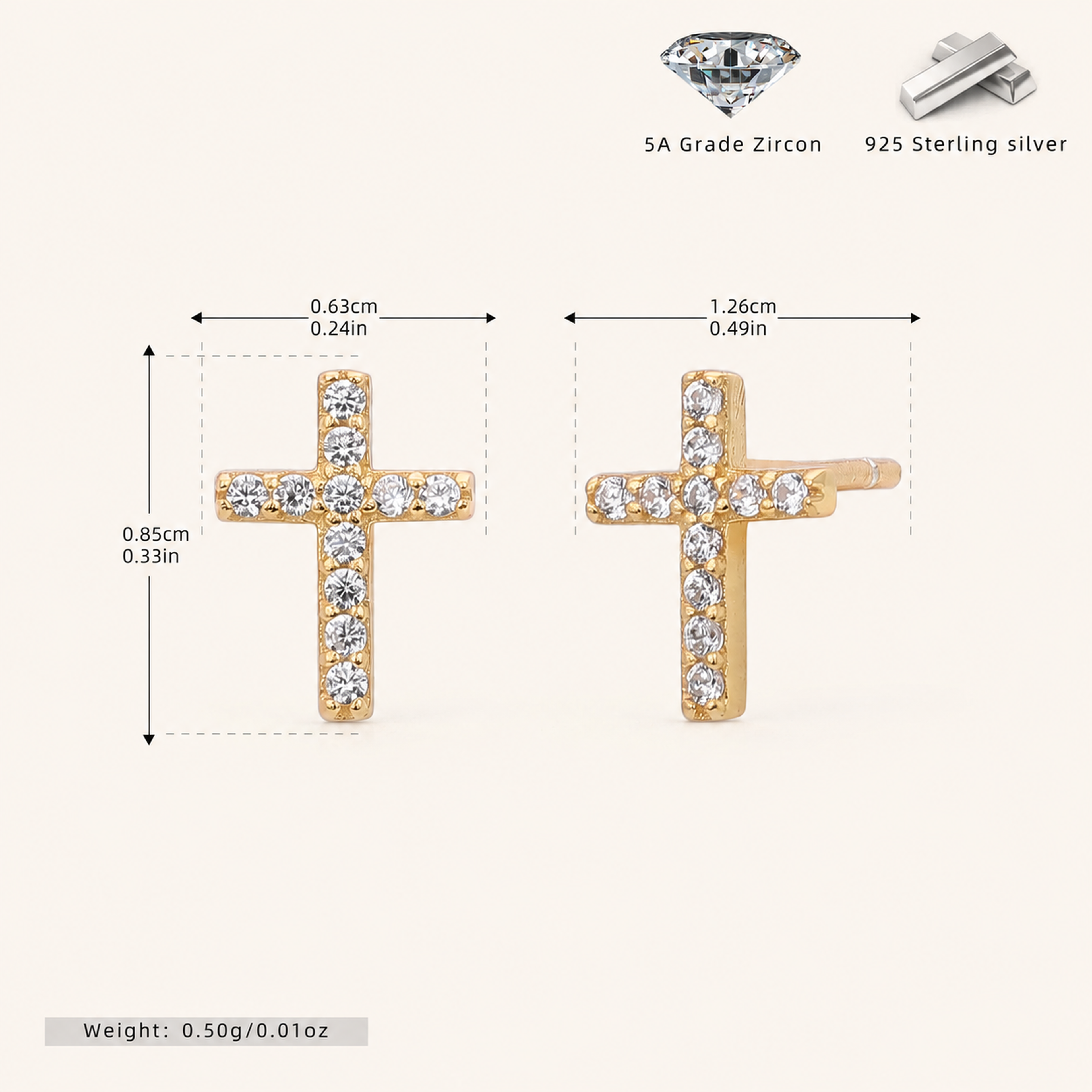 Sterling Silver Zirconia Cross Stud Earrings - Gold