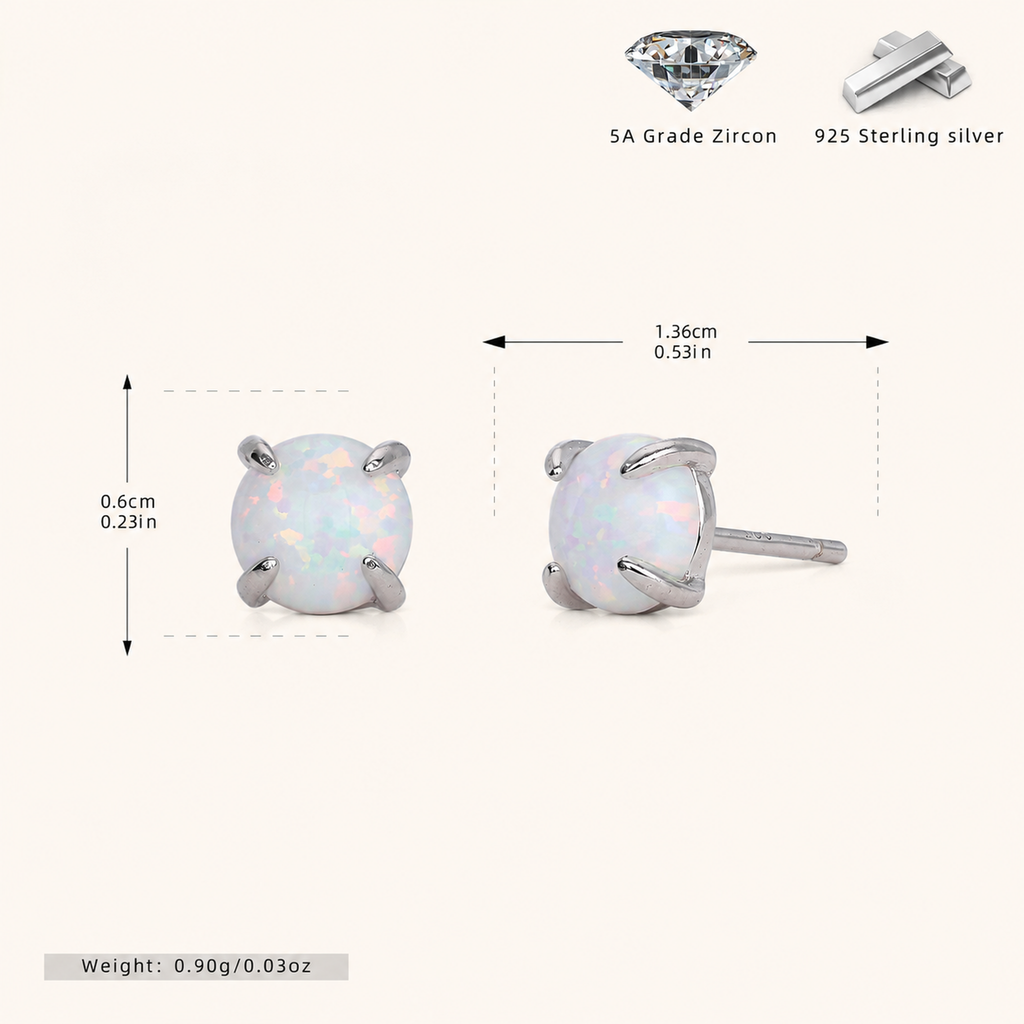 Sterling Silver Mini Opal Stud Earrings - Platinum / 6mm / White Opal