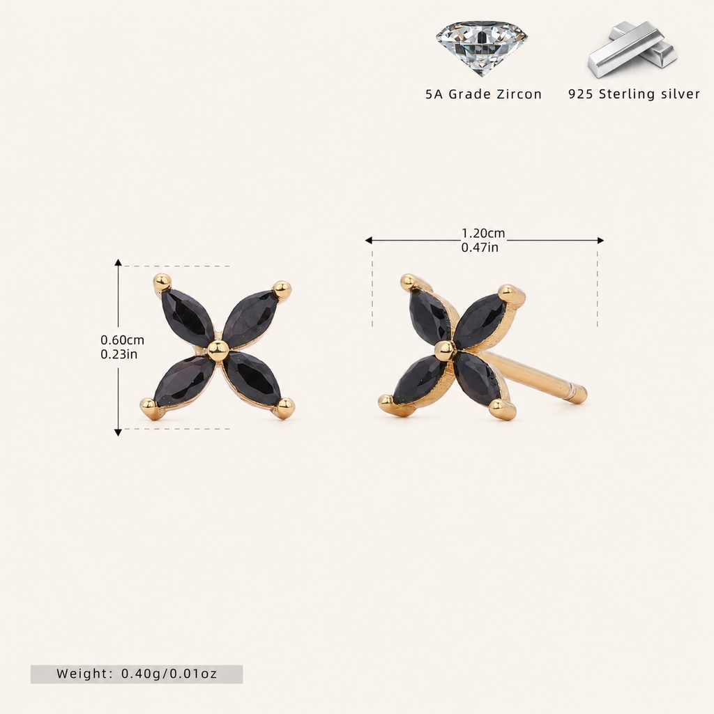 Sterling Silver Marquise Zirconia Flower Stud Earrings - Gold / Black Zircon