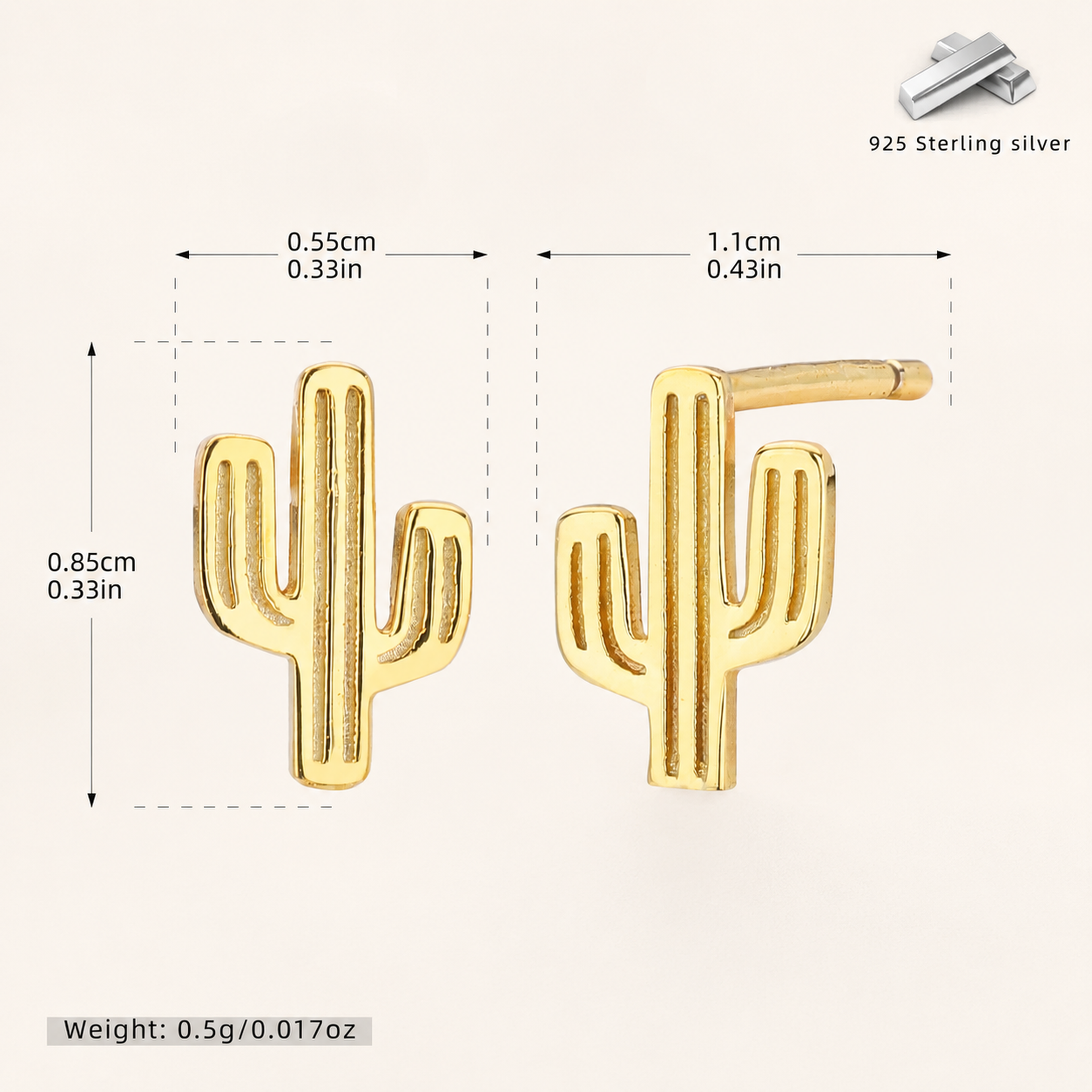 Sterling Silver Cactus Stud Earrings - Gold