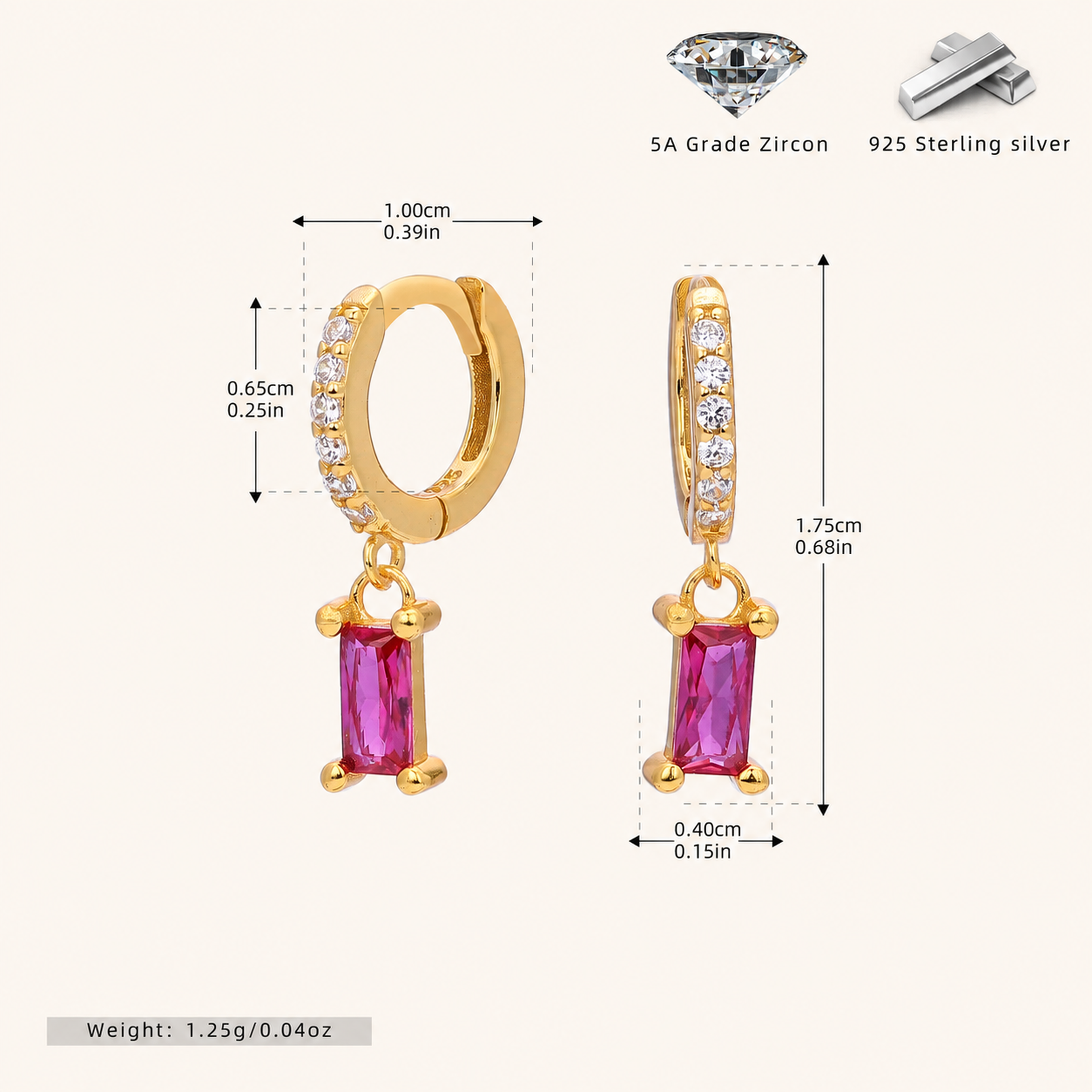 Sterling Silver Geometric Zirconia Hoop Earrings - Gold / 1