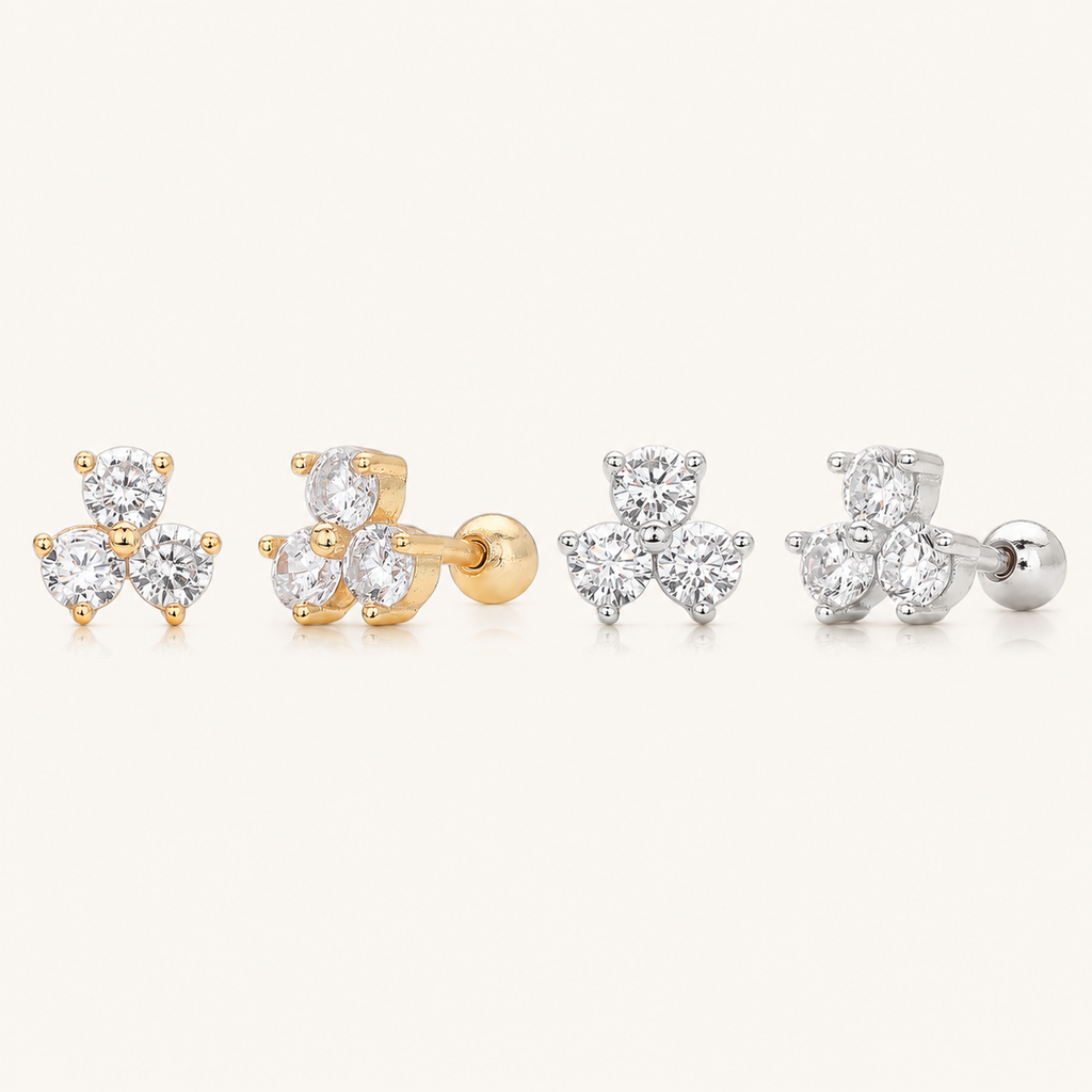 Sterling Silver Clover Zirconia Flat Back Earrings