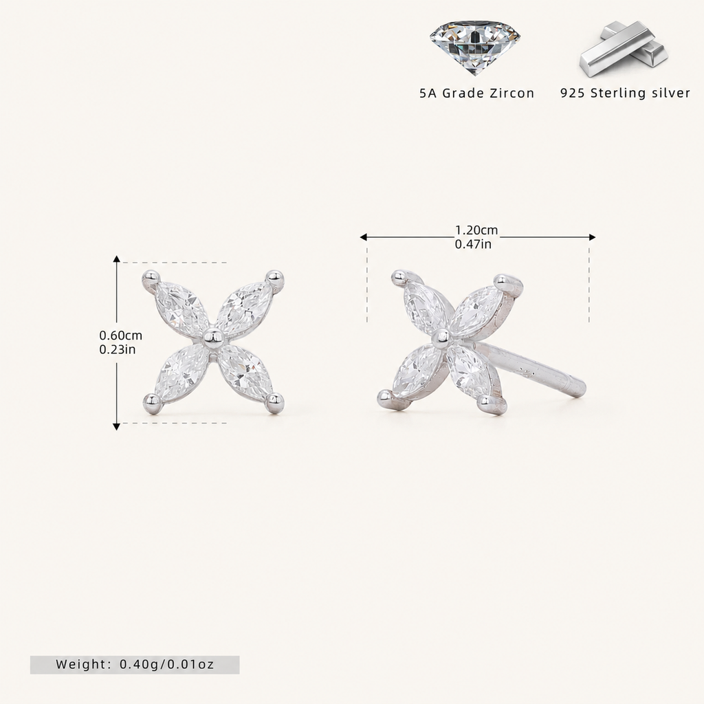 Sterling Silver Marquise Zirconia Flower Stud Earrings - Platinum / White Zircon