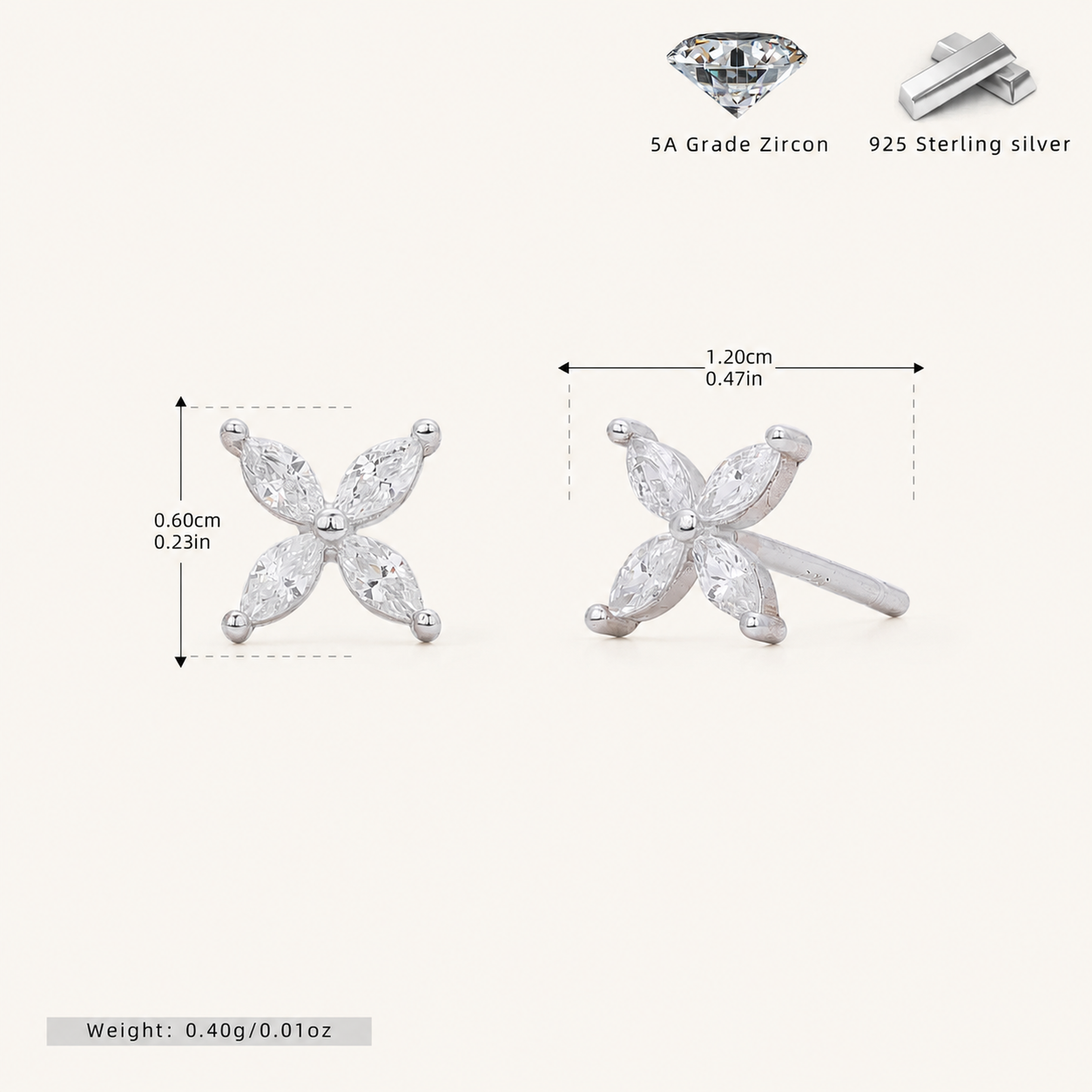 Sterling Silver Marquise Zirconia Flower Stud Earrings - Platinum / White Zircon