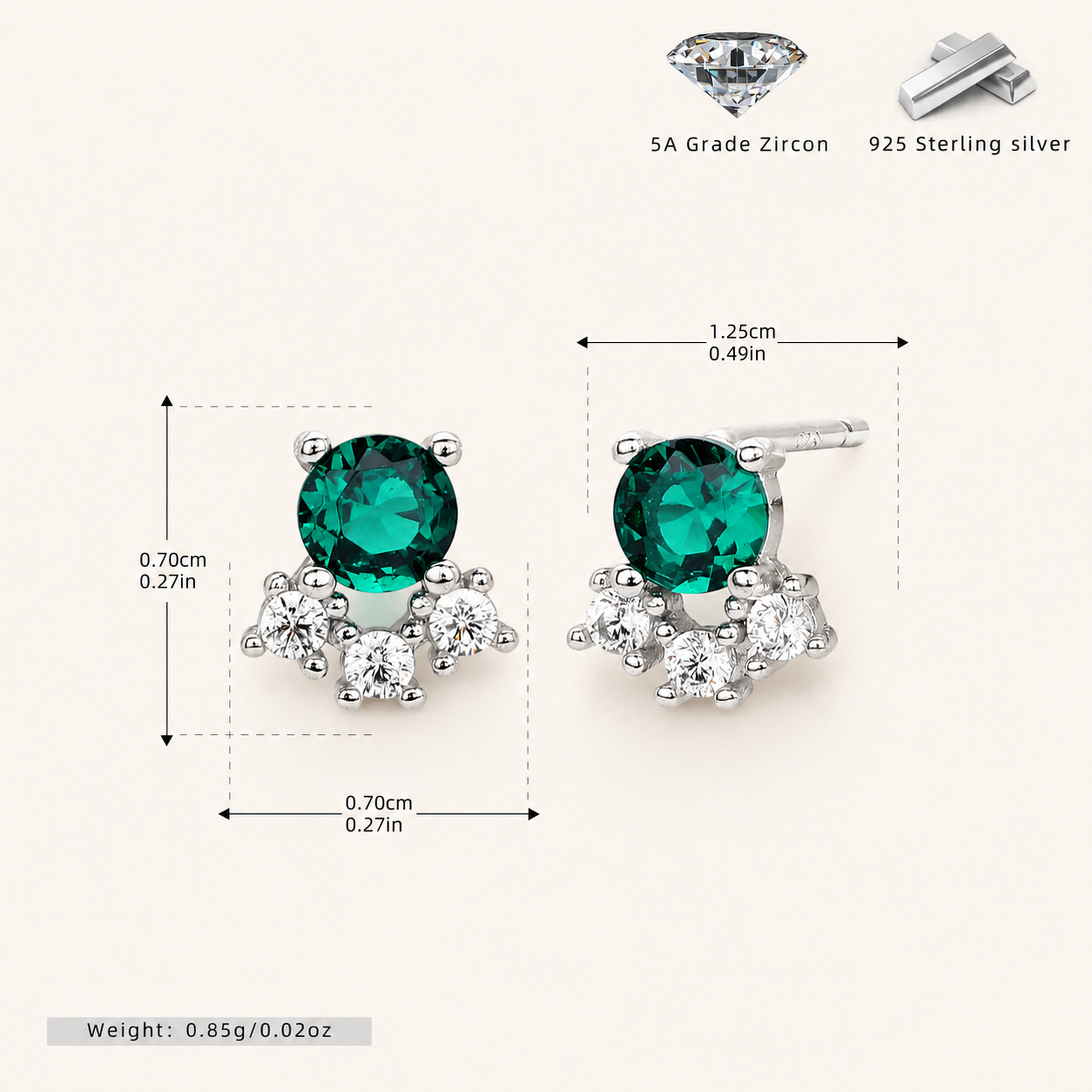 Sterling Silver Vintage Emerald-Green Zirconia Stud Earrings - Platinum