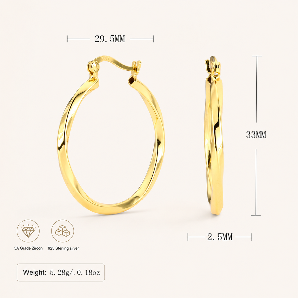 Sterling Silver Twisted Hollow Hoop Earrings - Gold / 30mm
