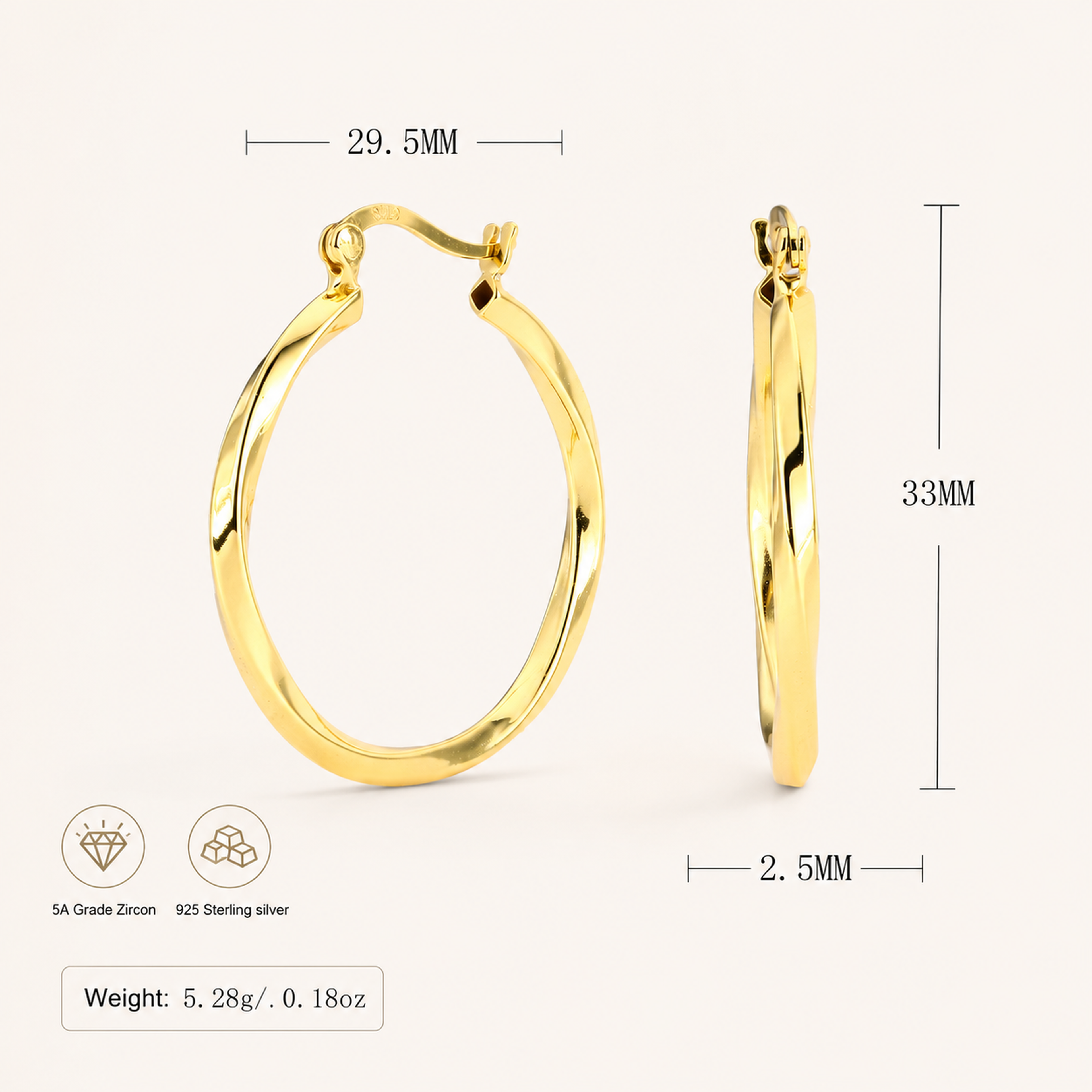 Sterling Silver Twisted Hollow Hoop Earrings - Gold / 30mm