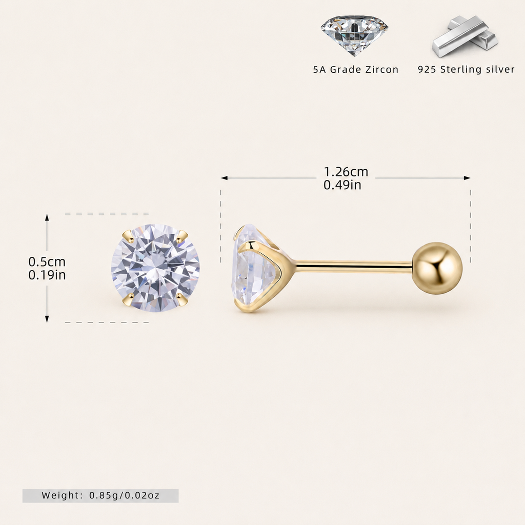 Sterling Silver Four-Prong Zirconia Flat Back Earrings - Gold / 5mm
