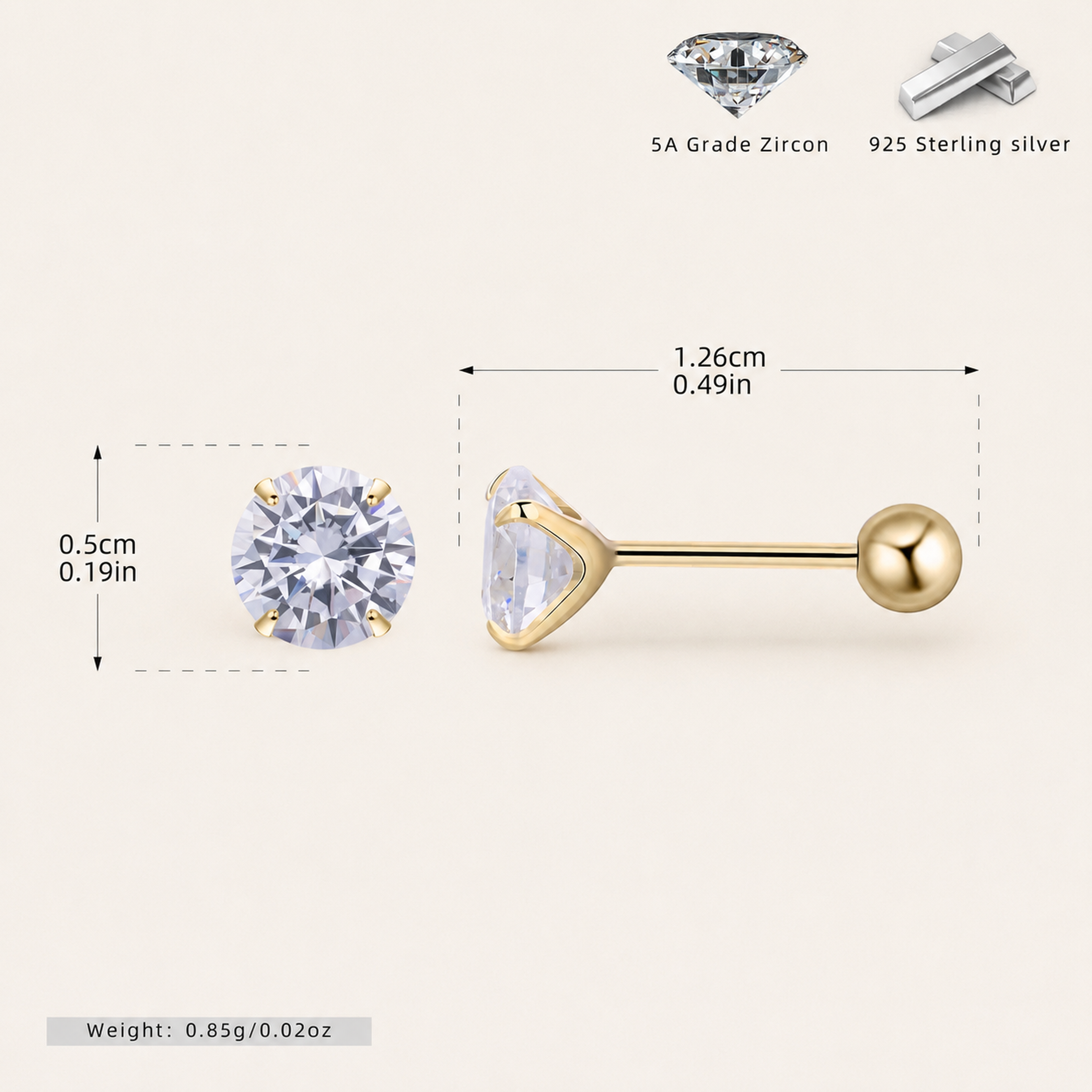 Sterling Silver Four-Prong Zirconia Flat Back Earrings - Gold / 5mm