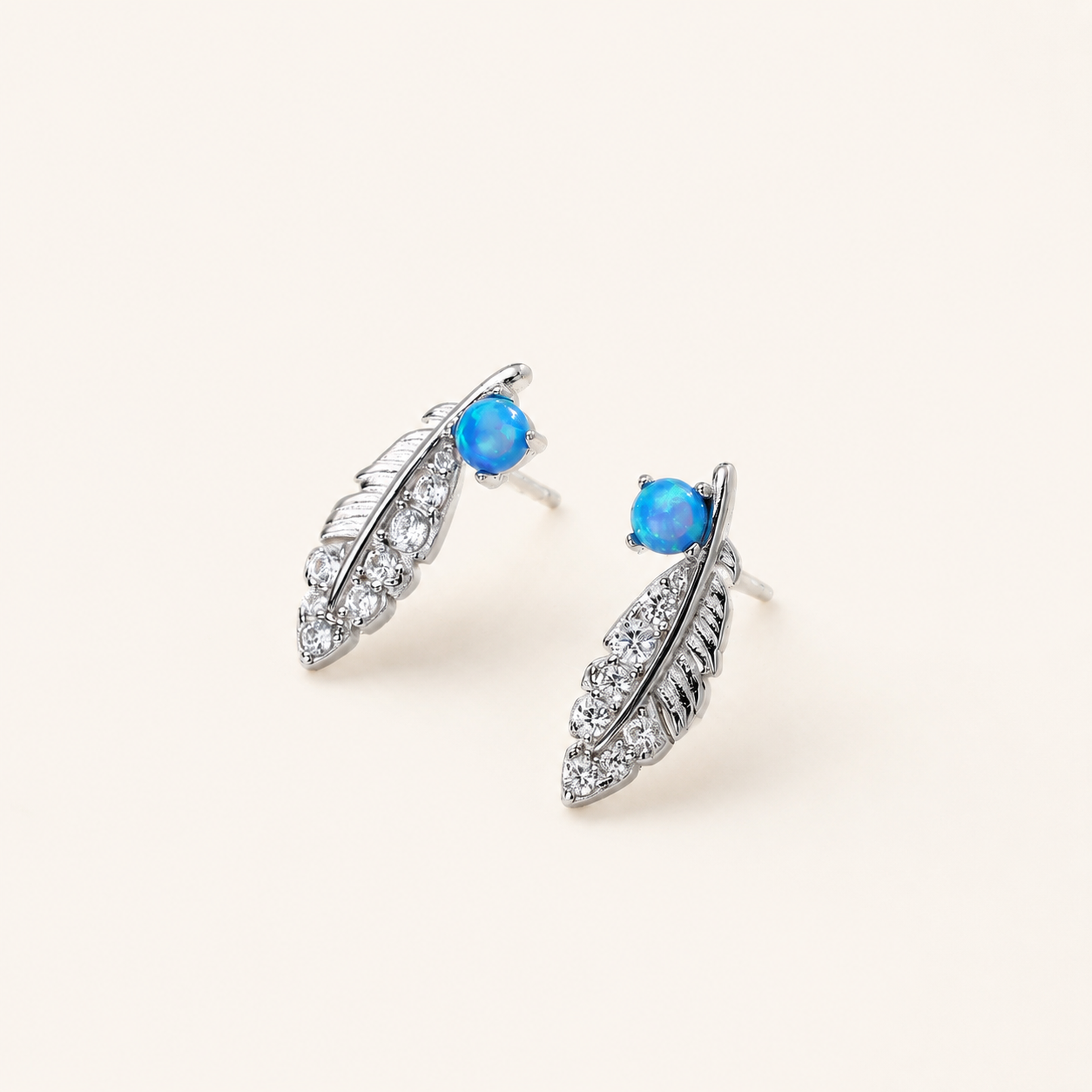 Sterling Silver Opal Feather Stud Earrings detail