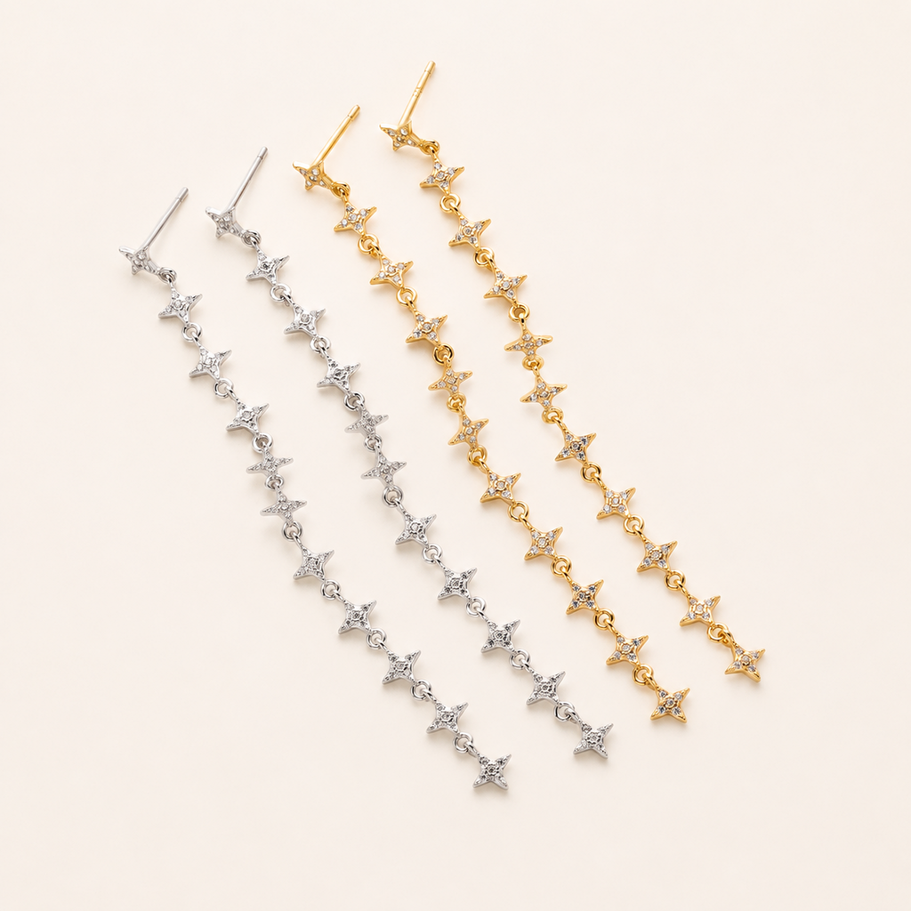 Sterling Silver Star Zirconia Tassel Drop Stud Earrings detail view