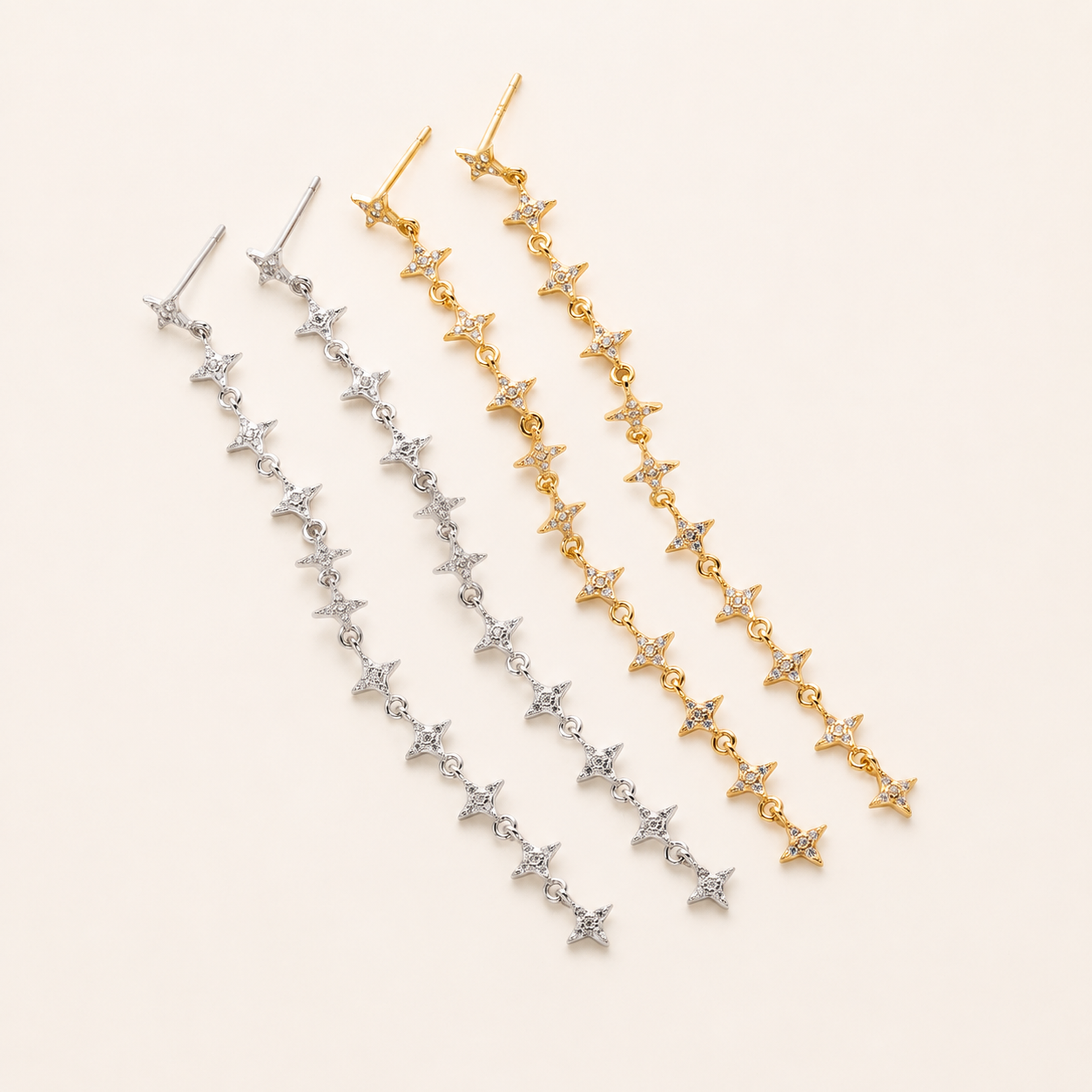 Sterling Silver Star Zirconia Tassel Drop Stud Earrings detail view
