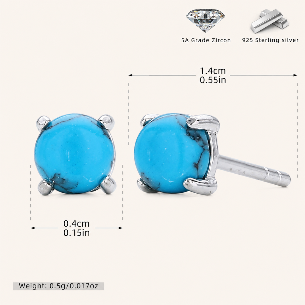 Sterling Silver Gemstone Solitaire Stud Earrings - Platinum / Turquoise