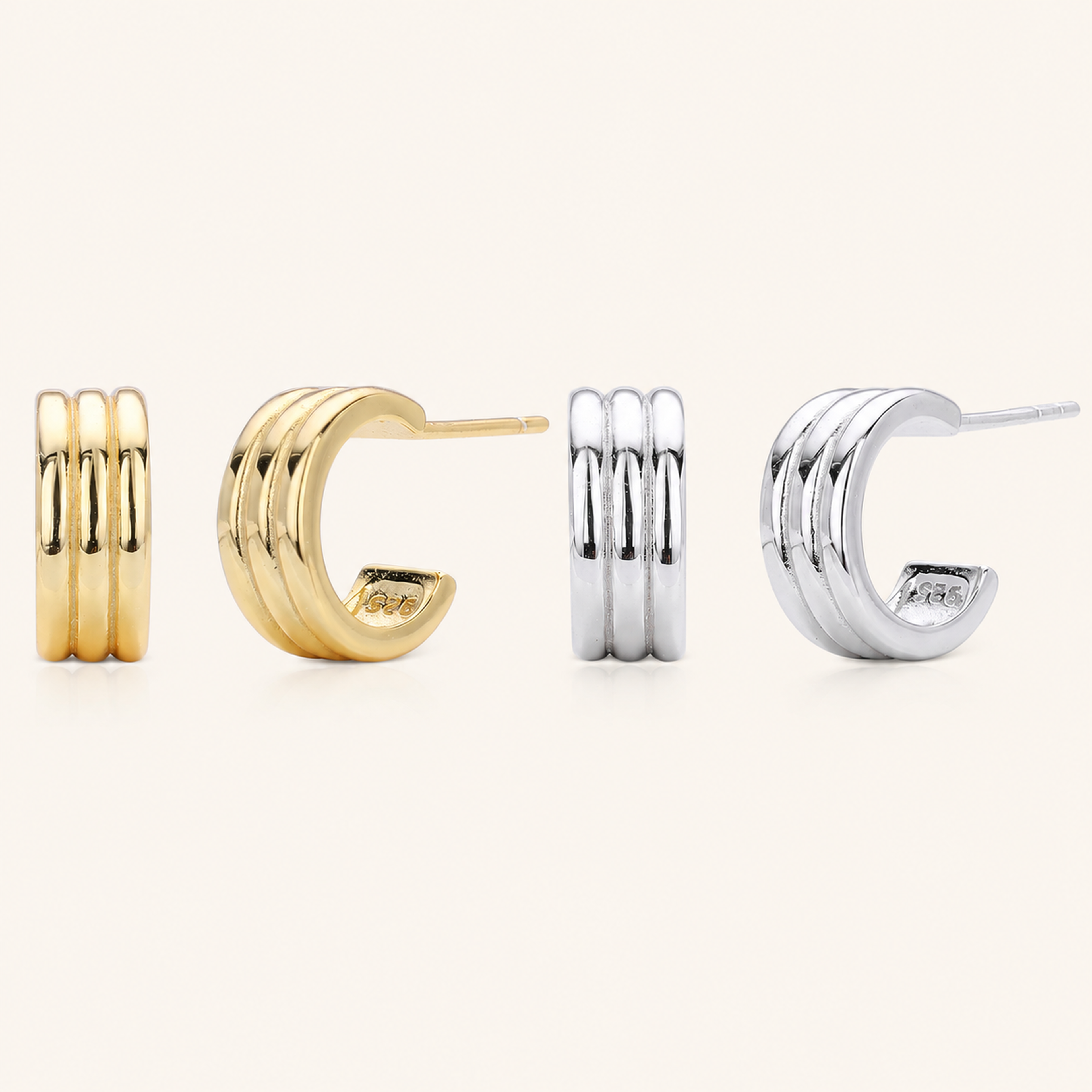 Sterling Silver Triple Layered C-Curve Stud Earrings
