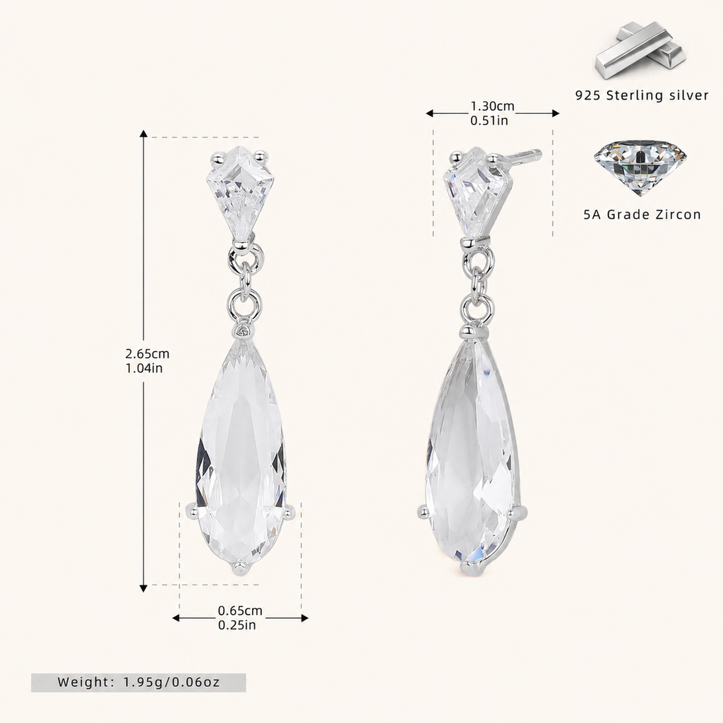 Sterling Silver Zirconia Teardrop Stud Earrings - Platinum / White