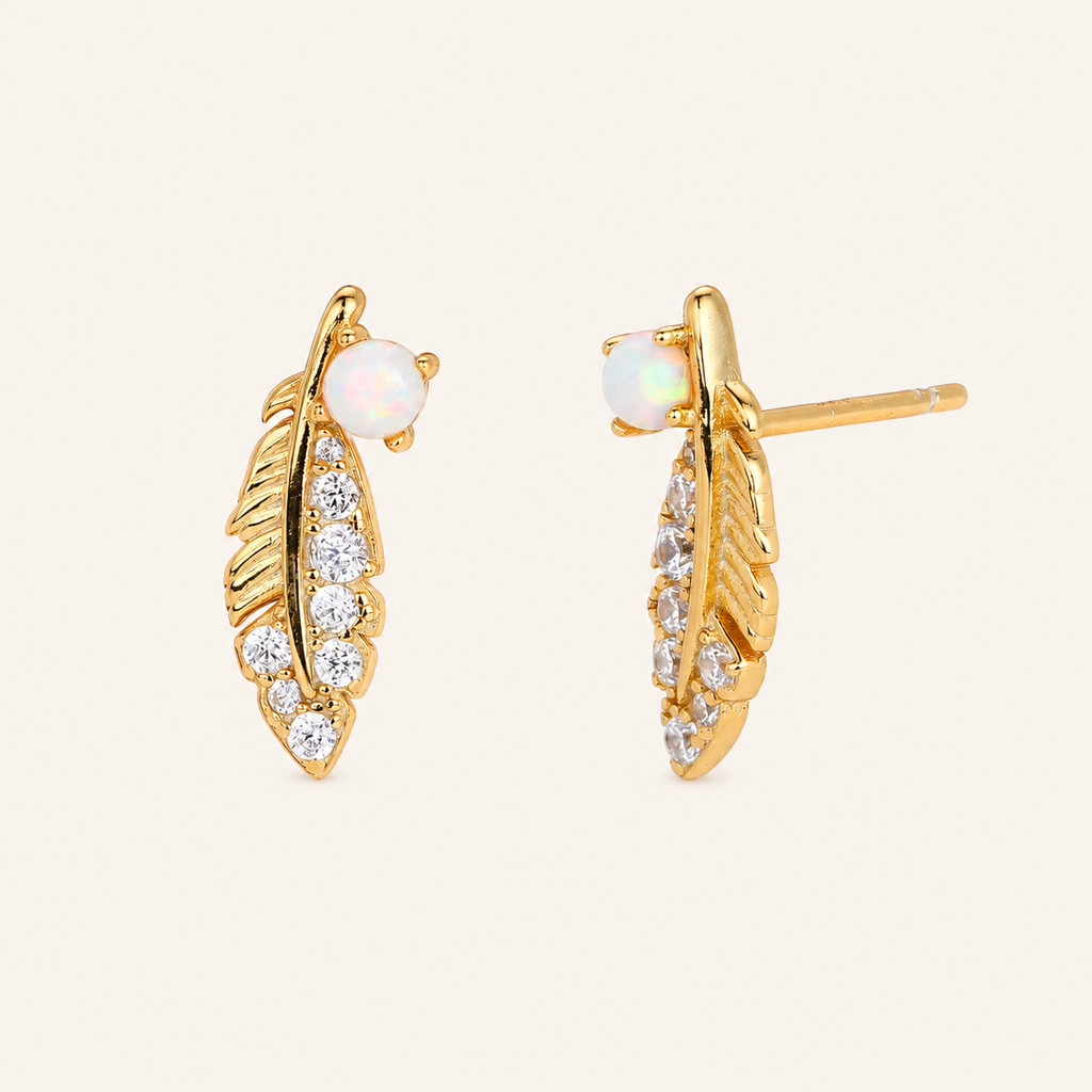Sterling Silver Opal Feather Stud Earrings detail view