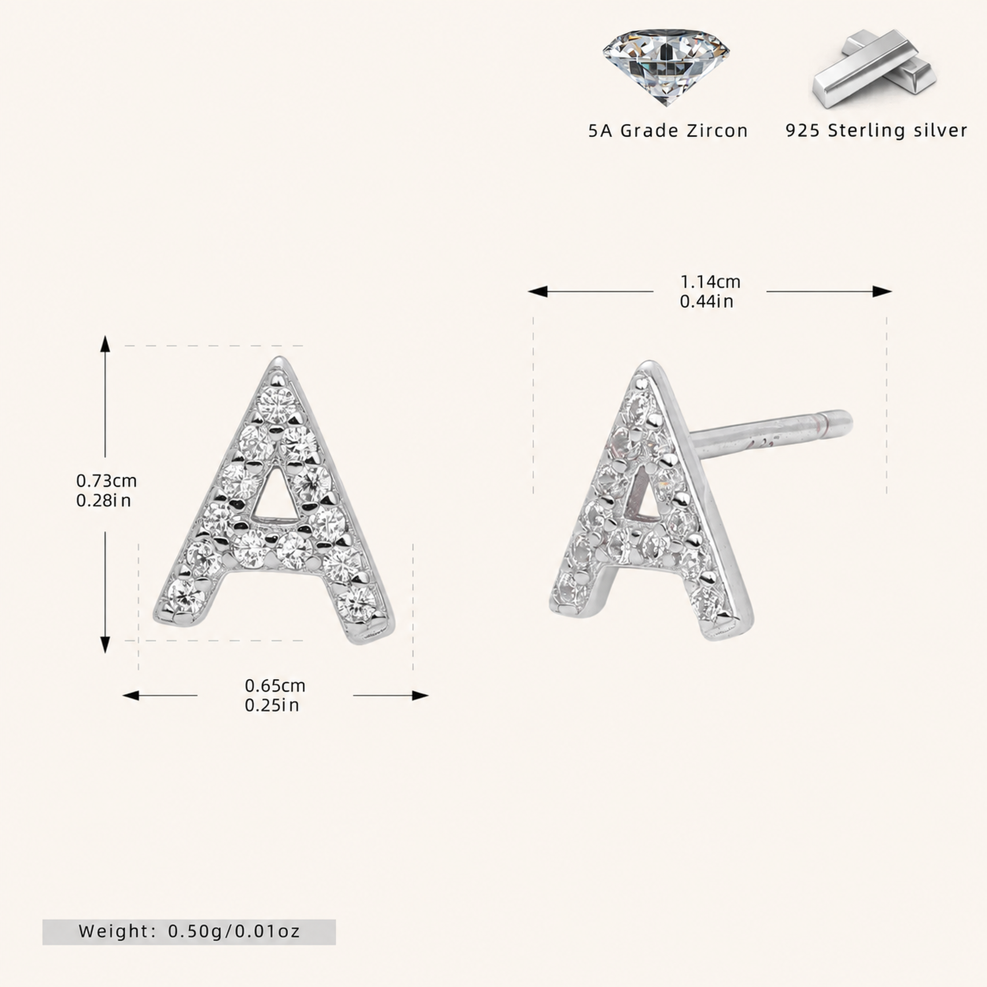 Sterling Silver Pave Initial Letter Stud Earrings - Platinum / A