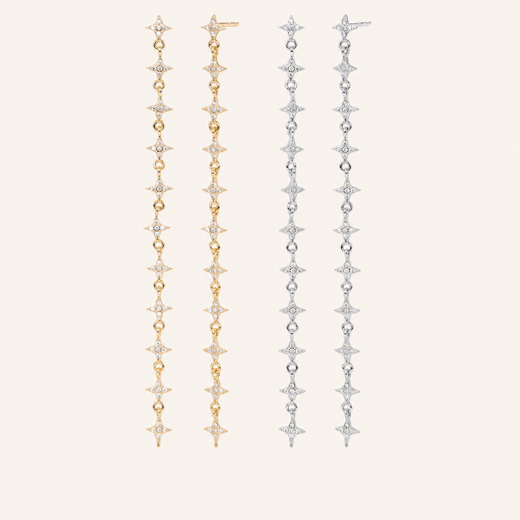 Sterling Silver Star Zirconia Tassel Drop Stud Earrings