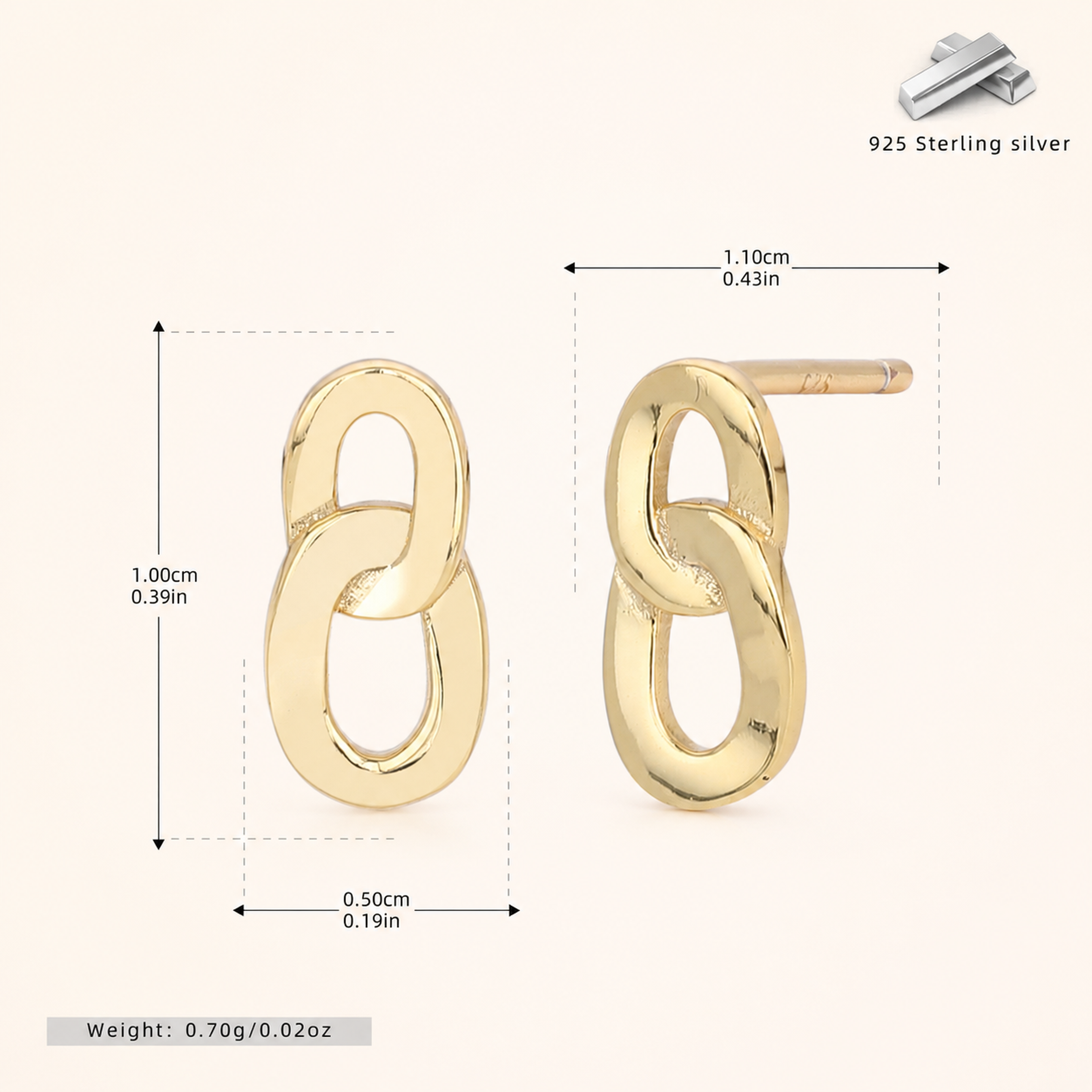 Sterling Silver Interlocking Circles Stud Earrings - Gold