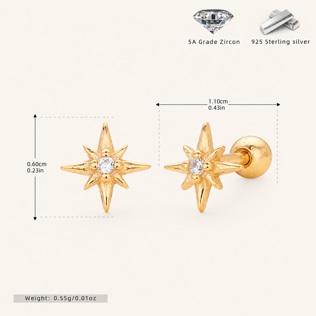 Sterling Silver Eight-Point Star Zirconia Flat Back Earrings - Gold