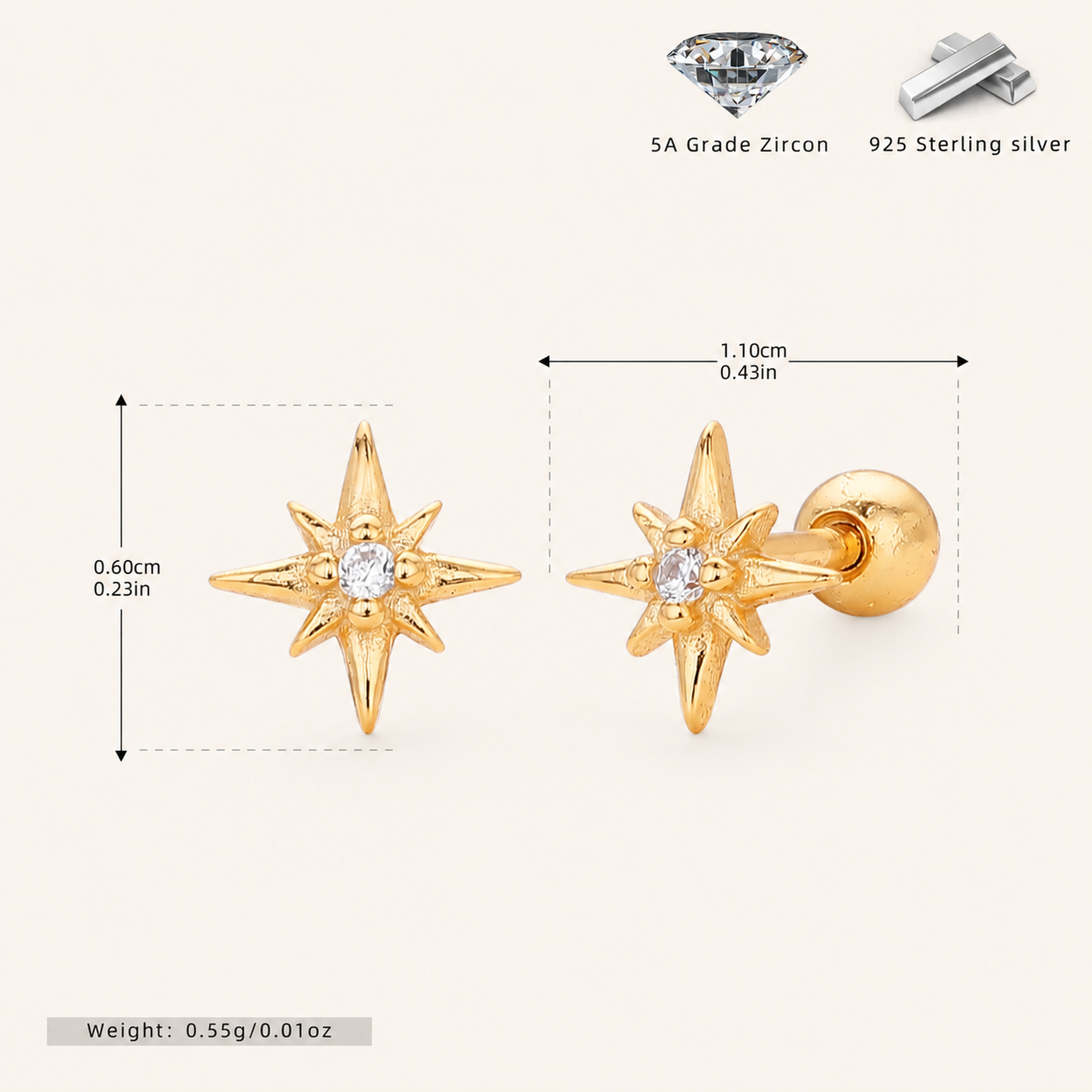 Sterling Silver Eight-Point Star Zirconia Flat Back Earrings - Gold