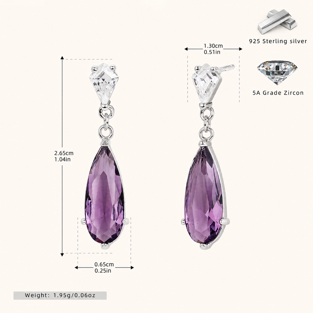 Sterling Silver Zirconia Teardrop Stud Earrings - Platinum / Purple