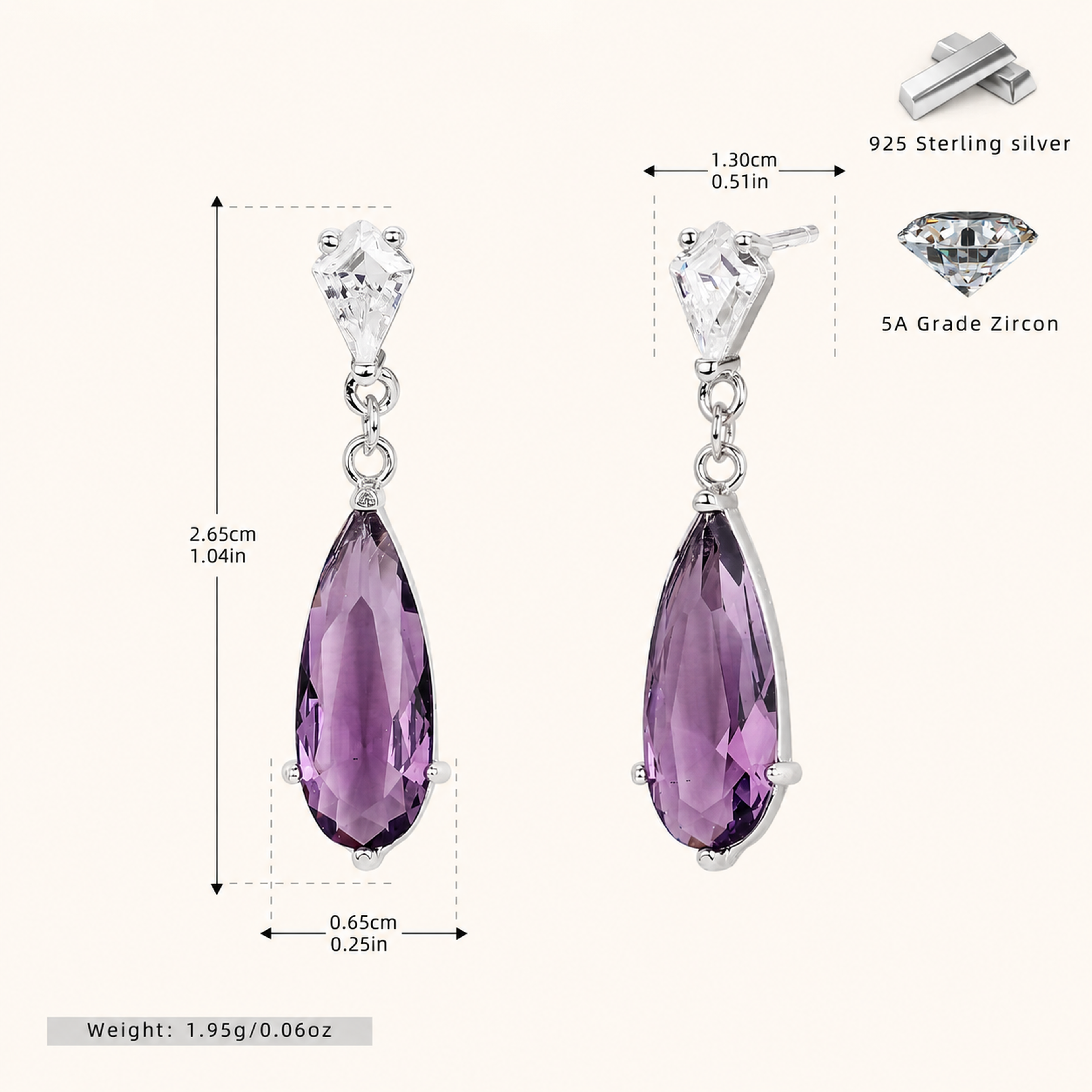 Sterling Silver Zirconia Teardrop Stud Earrings - Platinum / Purple