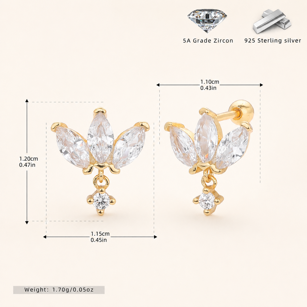 Sterling Silver Zirconia Crown Flat Back Earrings - Gold
