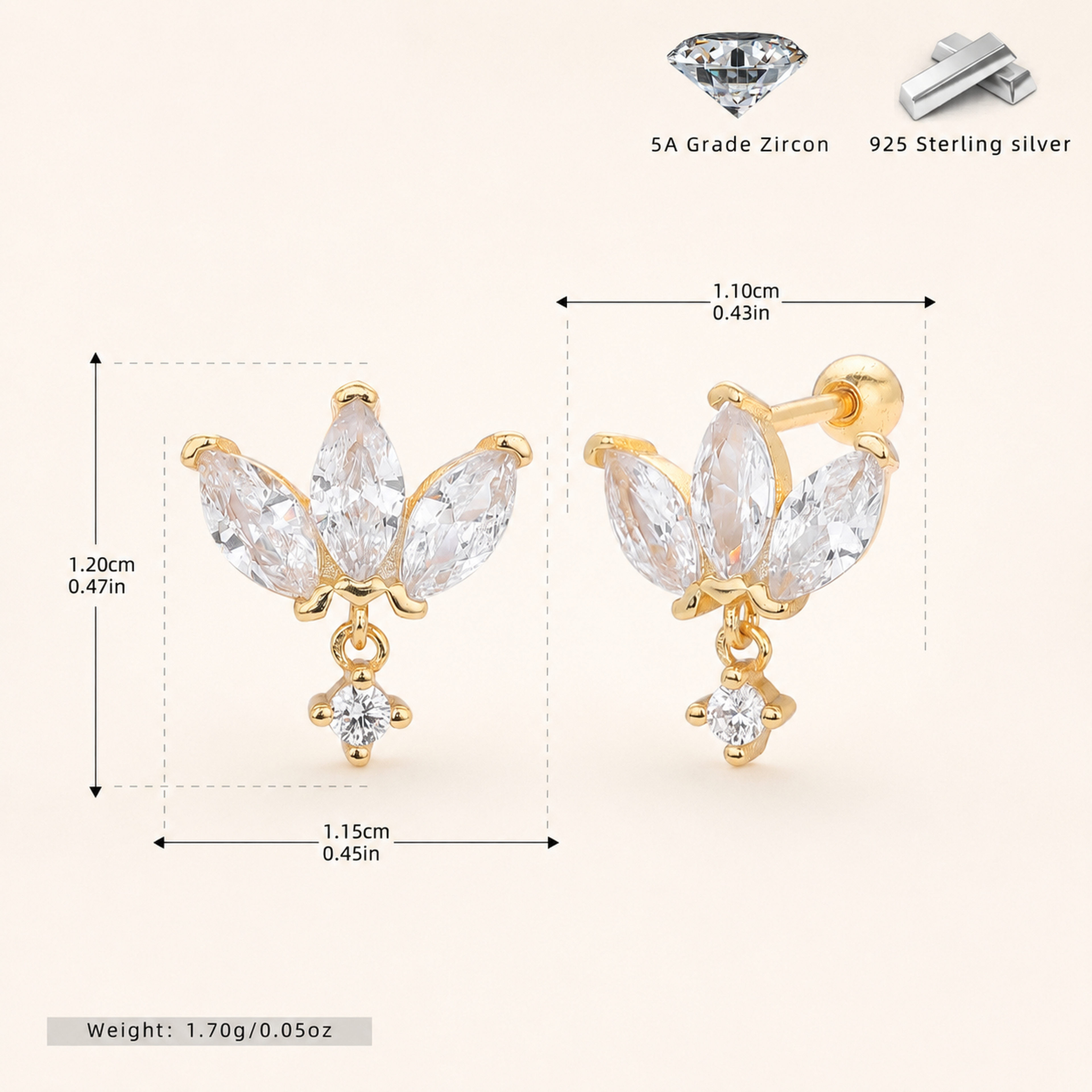 Sterling Silver Zirconia Crown Flat Back Earrings - Gold