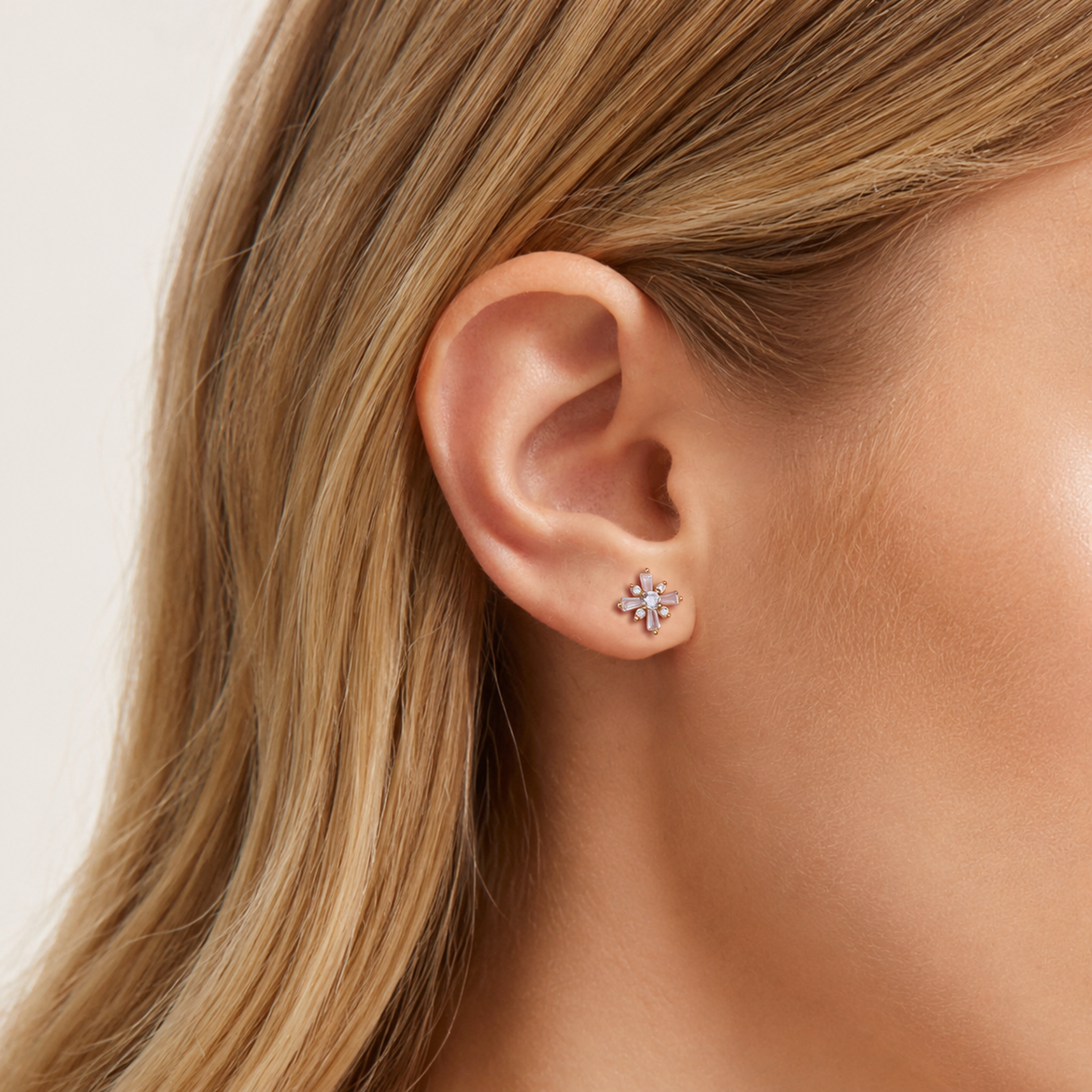 Sterling Silver Rice Flower Zirconia Flat Back Earrings worn on the ear