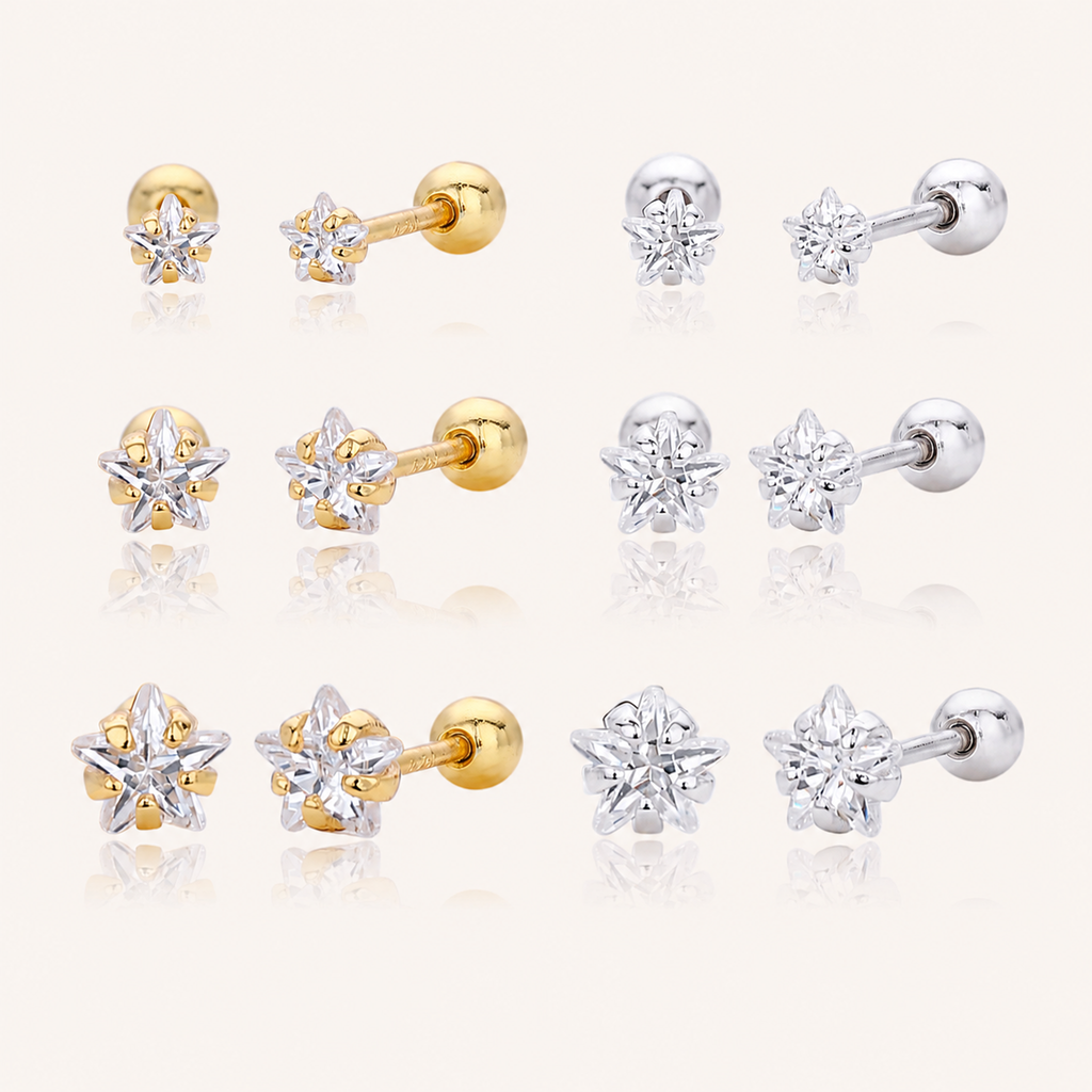 Sterling Silver Five-Point Star Zirconia Flat Back Earrings