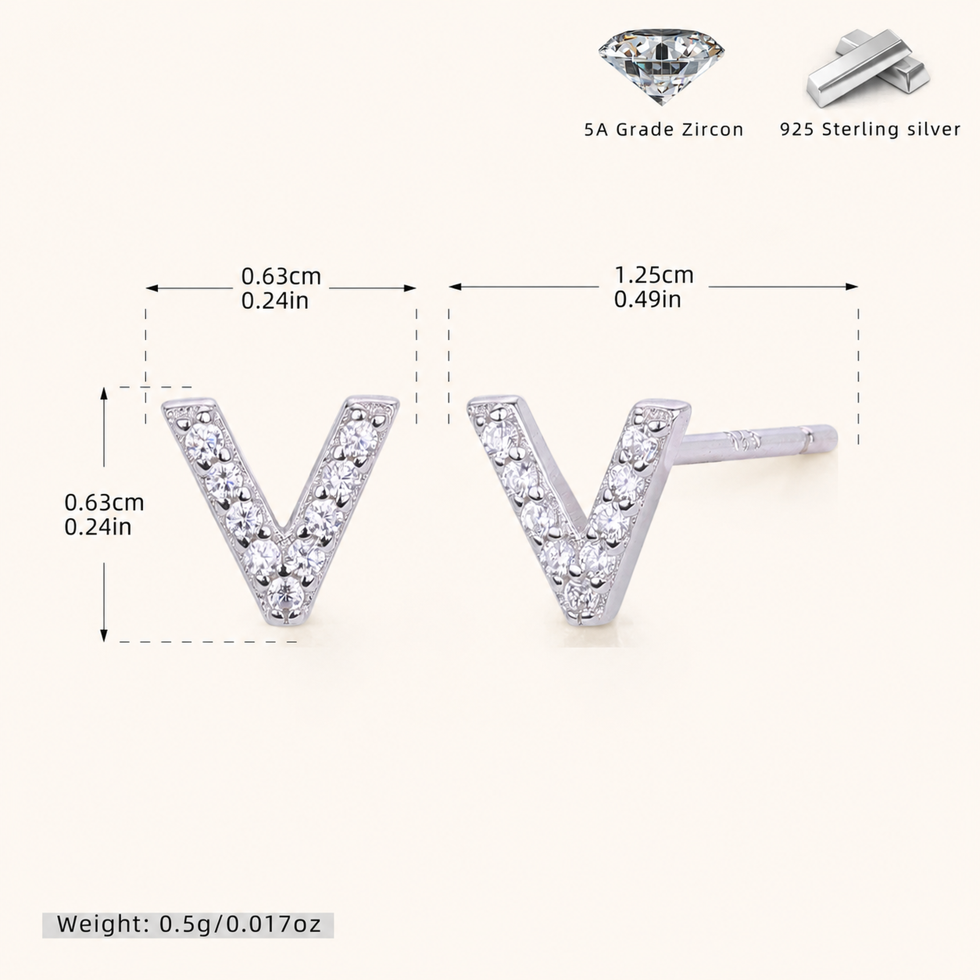 Sterling Silver Pave Initial Letter Stud Earrings - Platinum / V