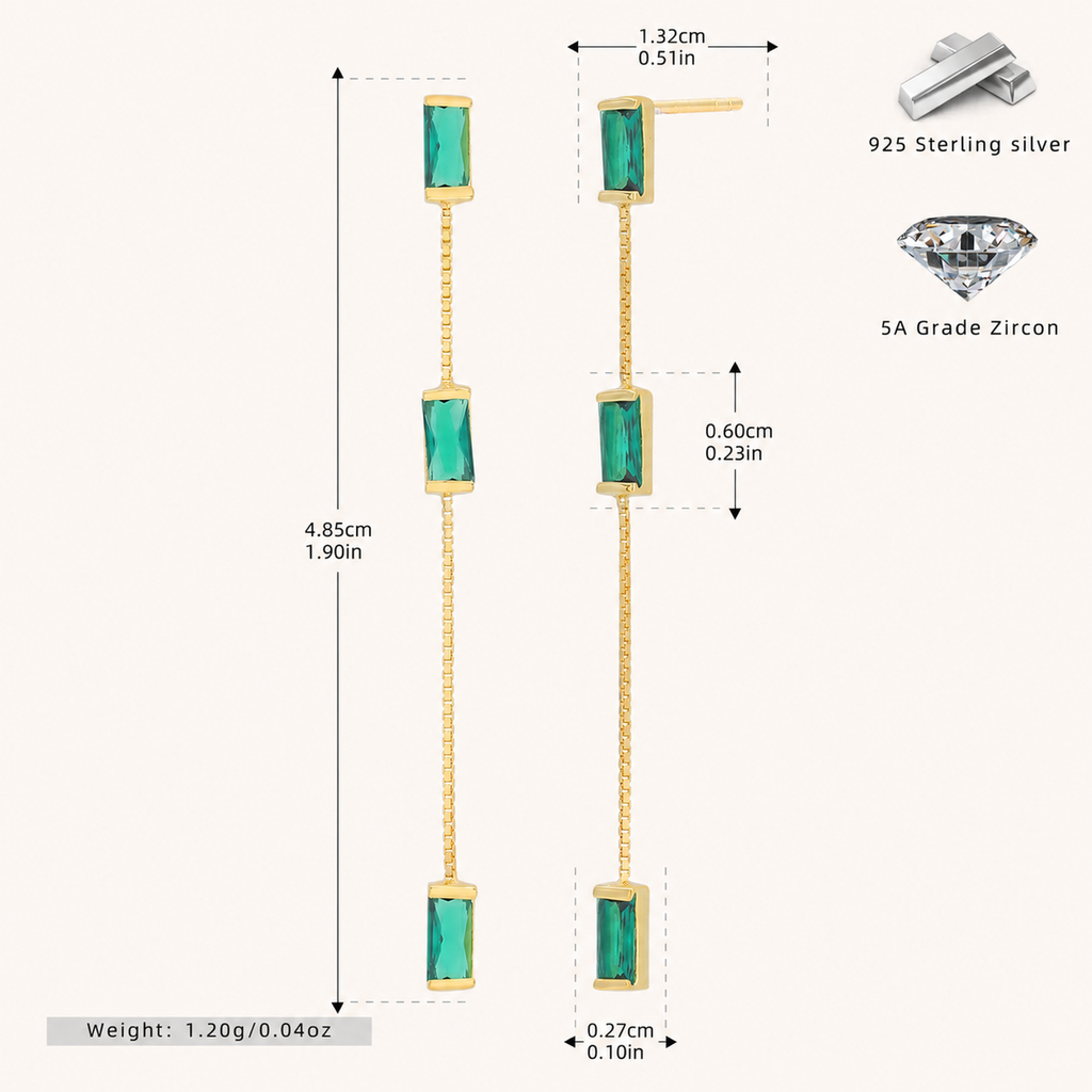 Sterling Silver Vintage Emerald-Green Square Tassel Drop Earrings - Gold
