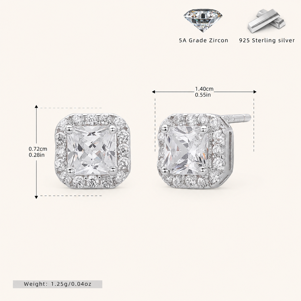 Sterling Silver Bold Square Zirconia Stud Earrings - Platinum