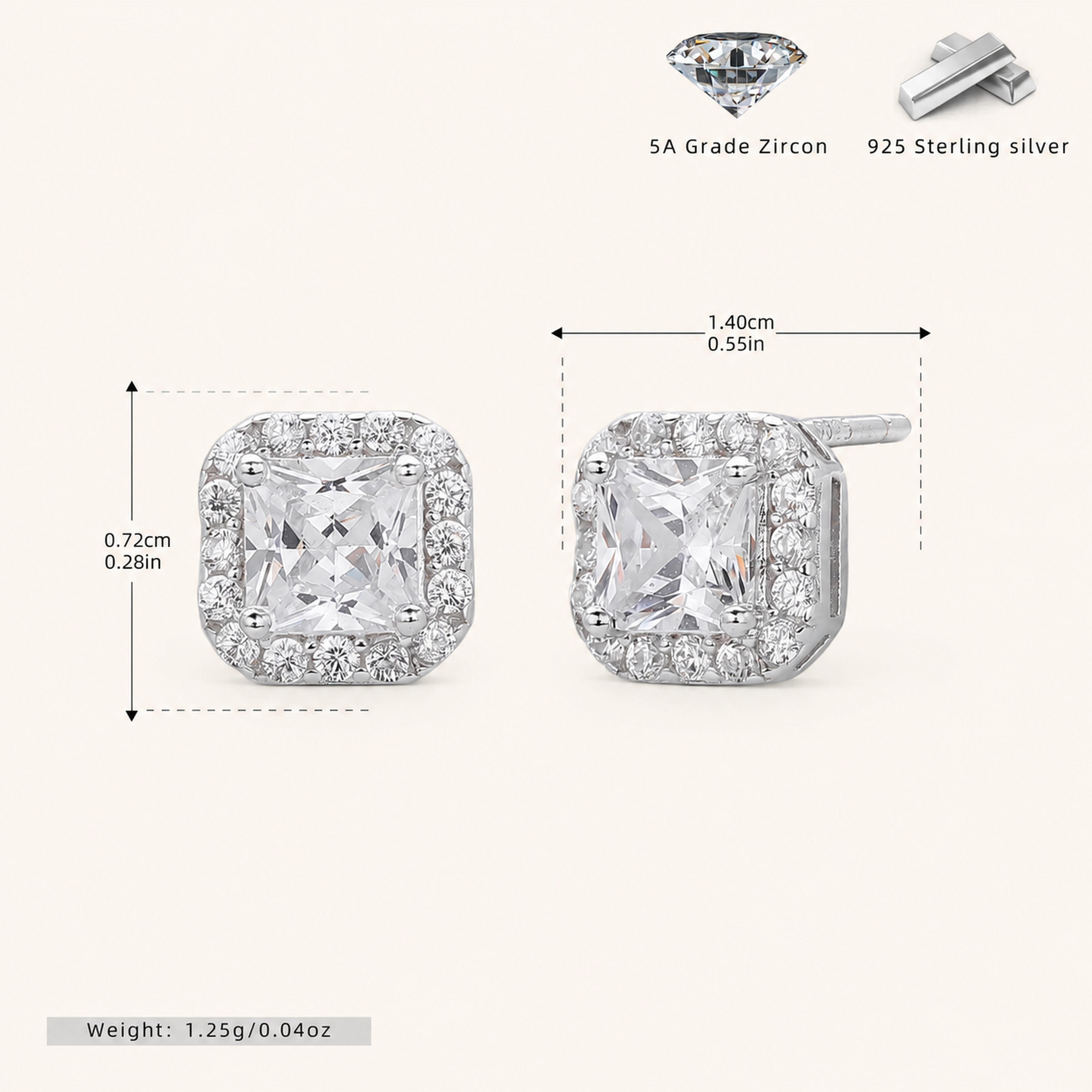 Sterling Silver Bold Square Zirconia Stud Earrings - Platinum