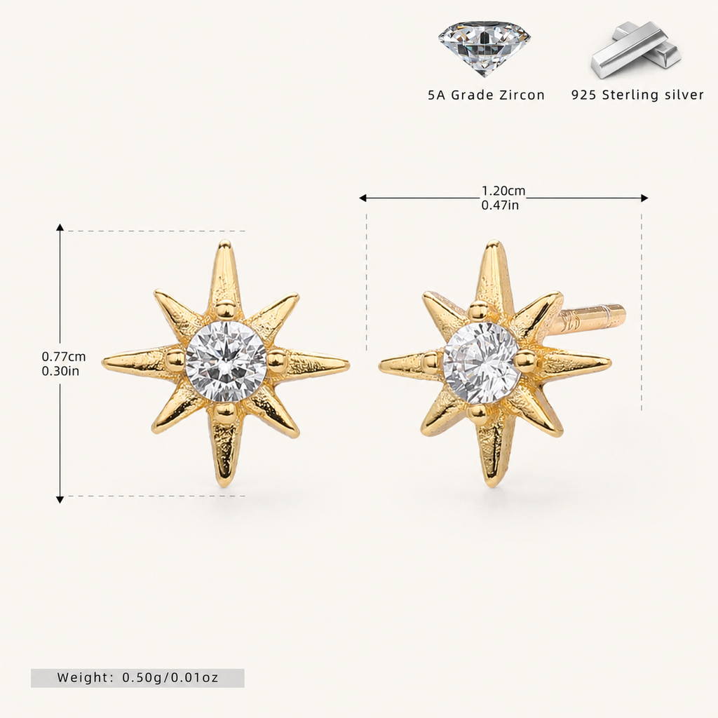 Sterling Silver Lucky Eight-Point Star Zirconia Stud Earrings - Gold