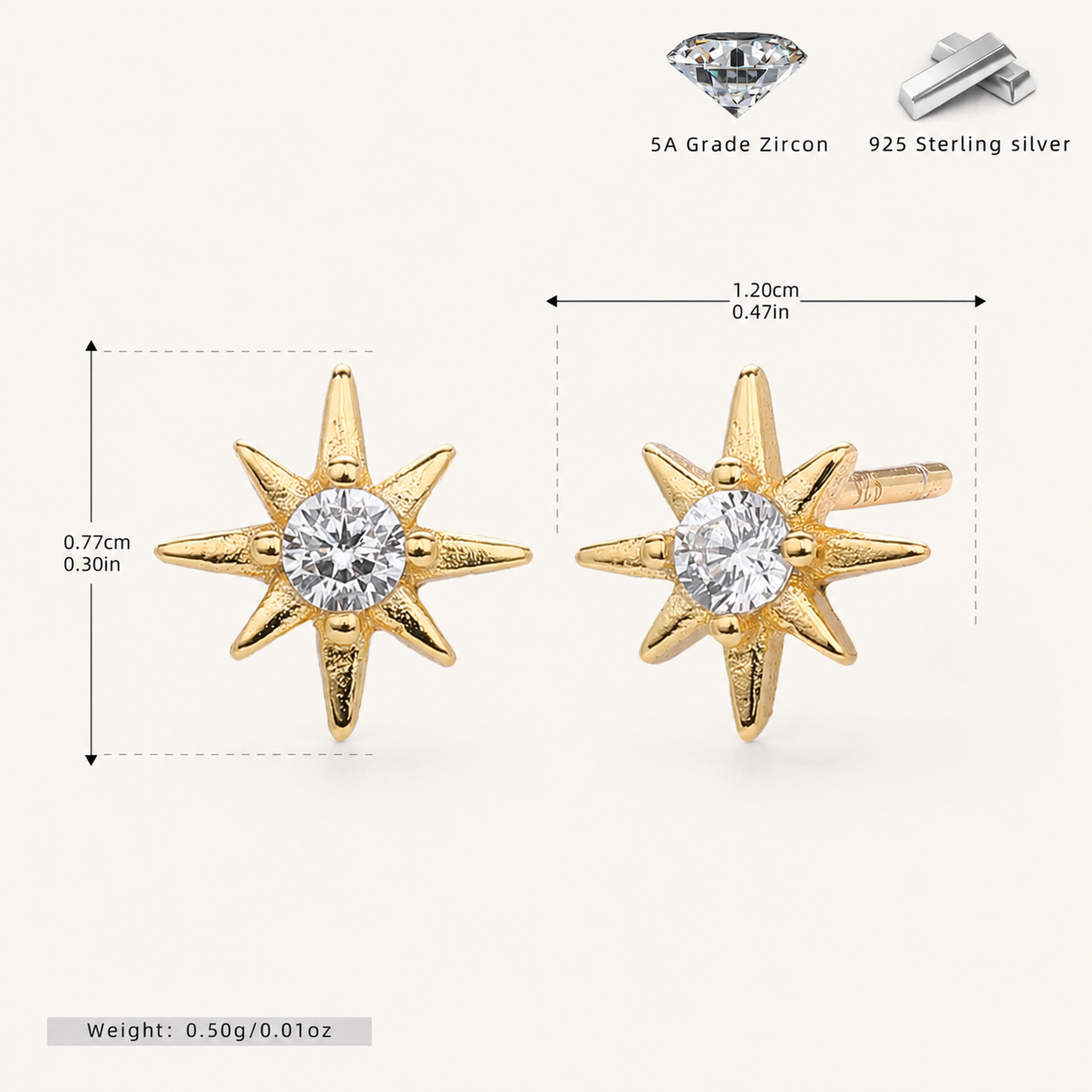 Sterling Silver Lucky Eight-Point Star Zirconia Stud Earrings - Gold