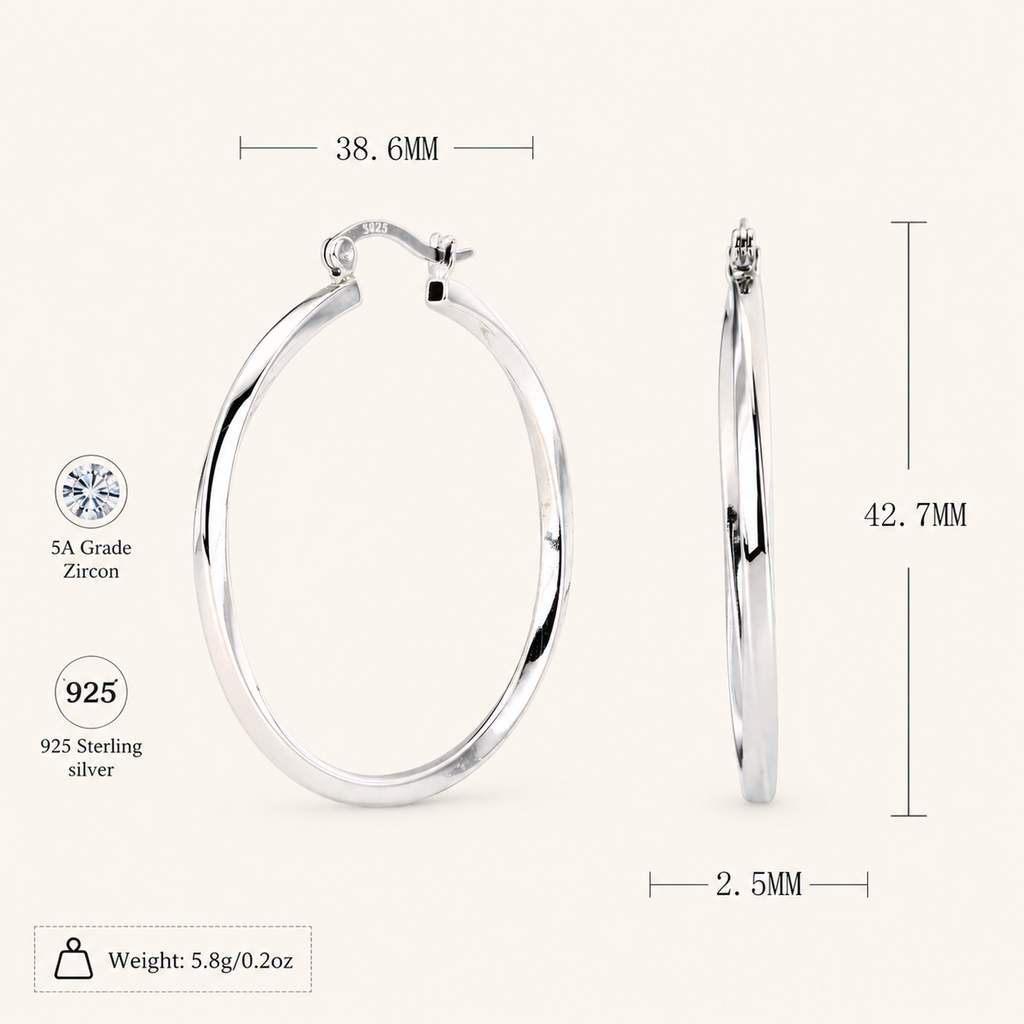 Sterling Silver Twisted Hollow Hoop Earrings - Platinum / 40mm