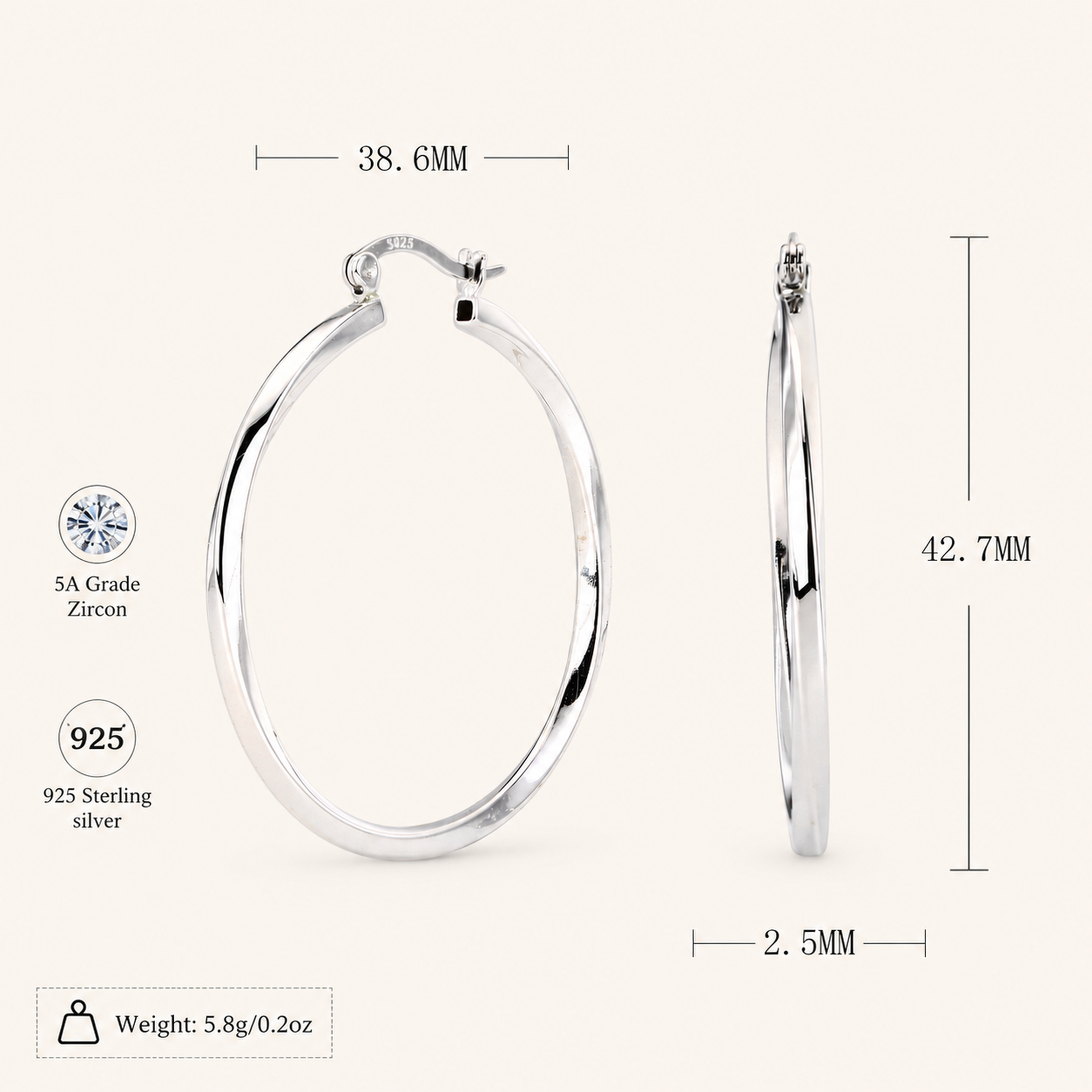 Sterling Silver Twisted Hollow Hoop Earrings - Platinum / 40mm