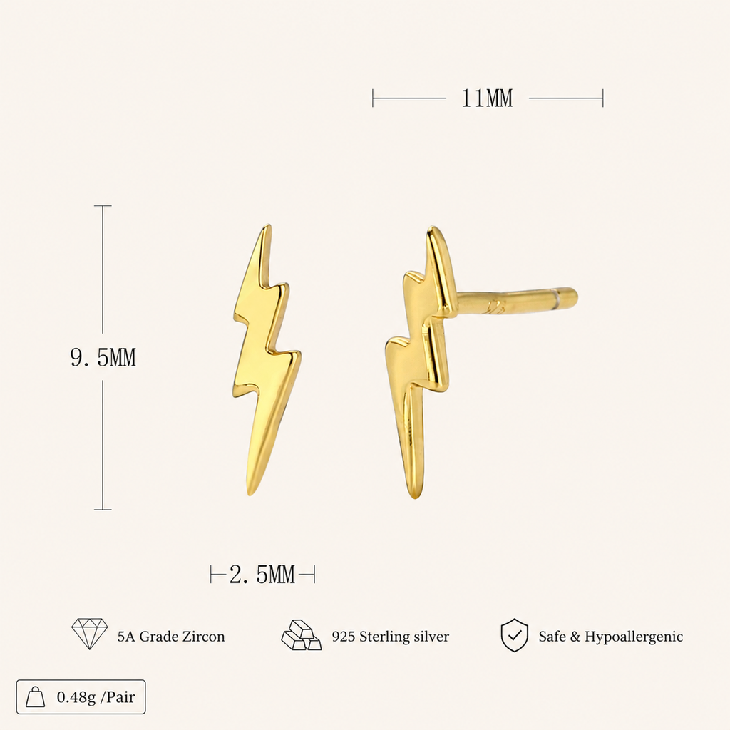 Sterling Silver Lightning Bolt Stud Earrings - Gold
