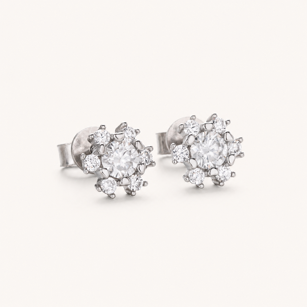 Sterling Silver Moissanite Snowflake Stud Earrings detail view