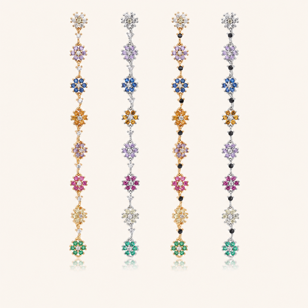 Sterling Silver Colorful Flower Chain Drop Stud Earrings