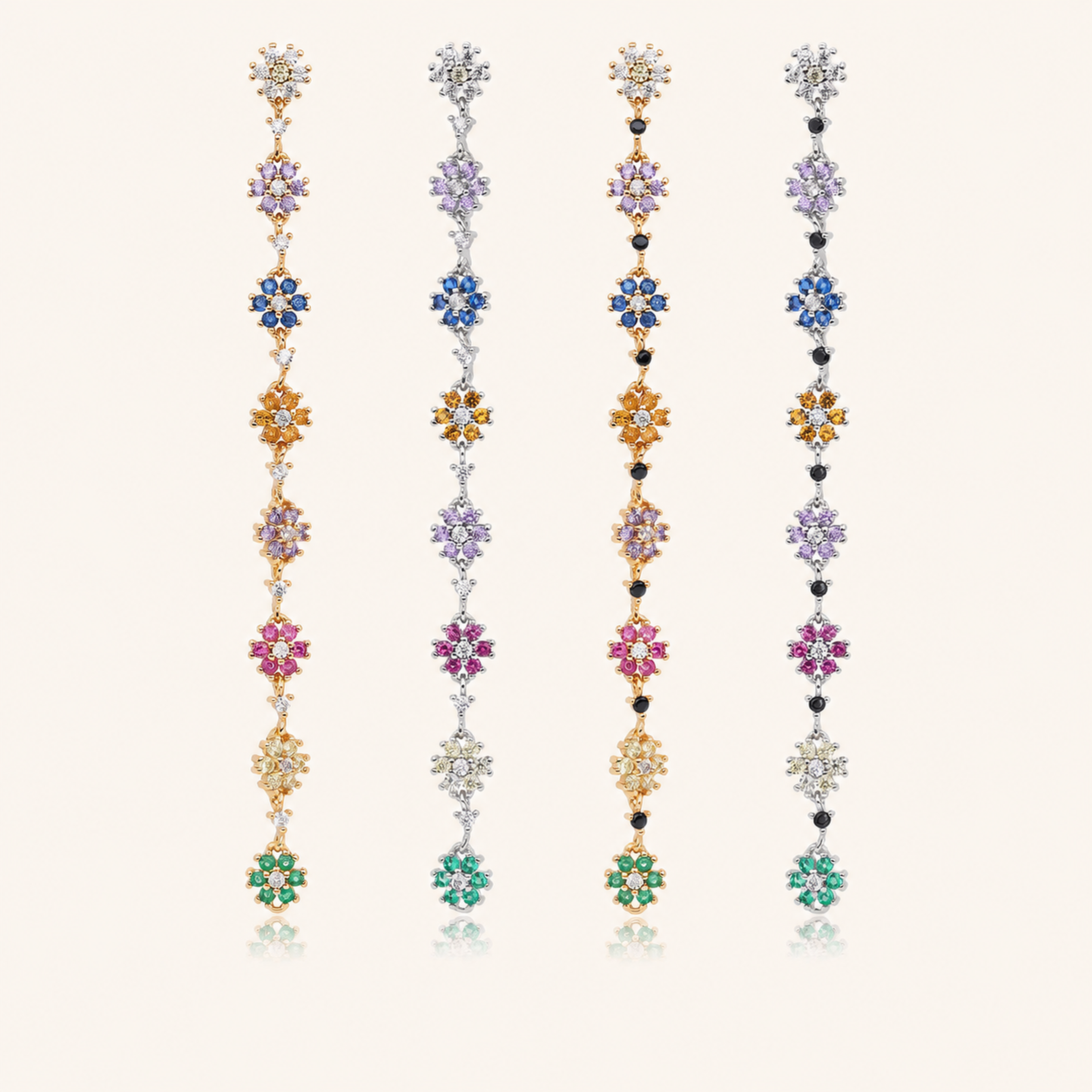 Sterling Silver Colorful Flower Chain Drop Stud Earrings