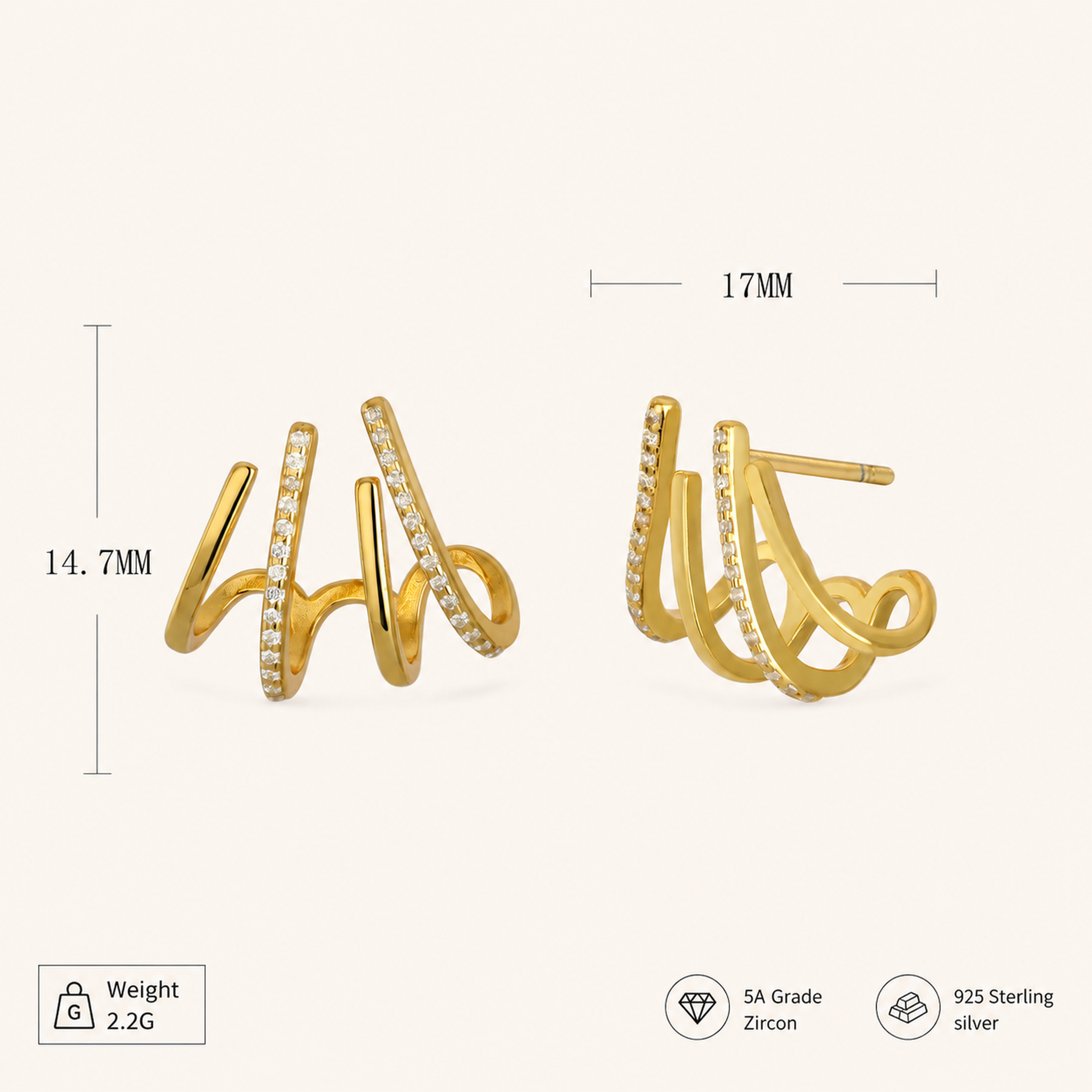 Sterling Silver Four-Prong Zirconia Stud Earrings - Gold