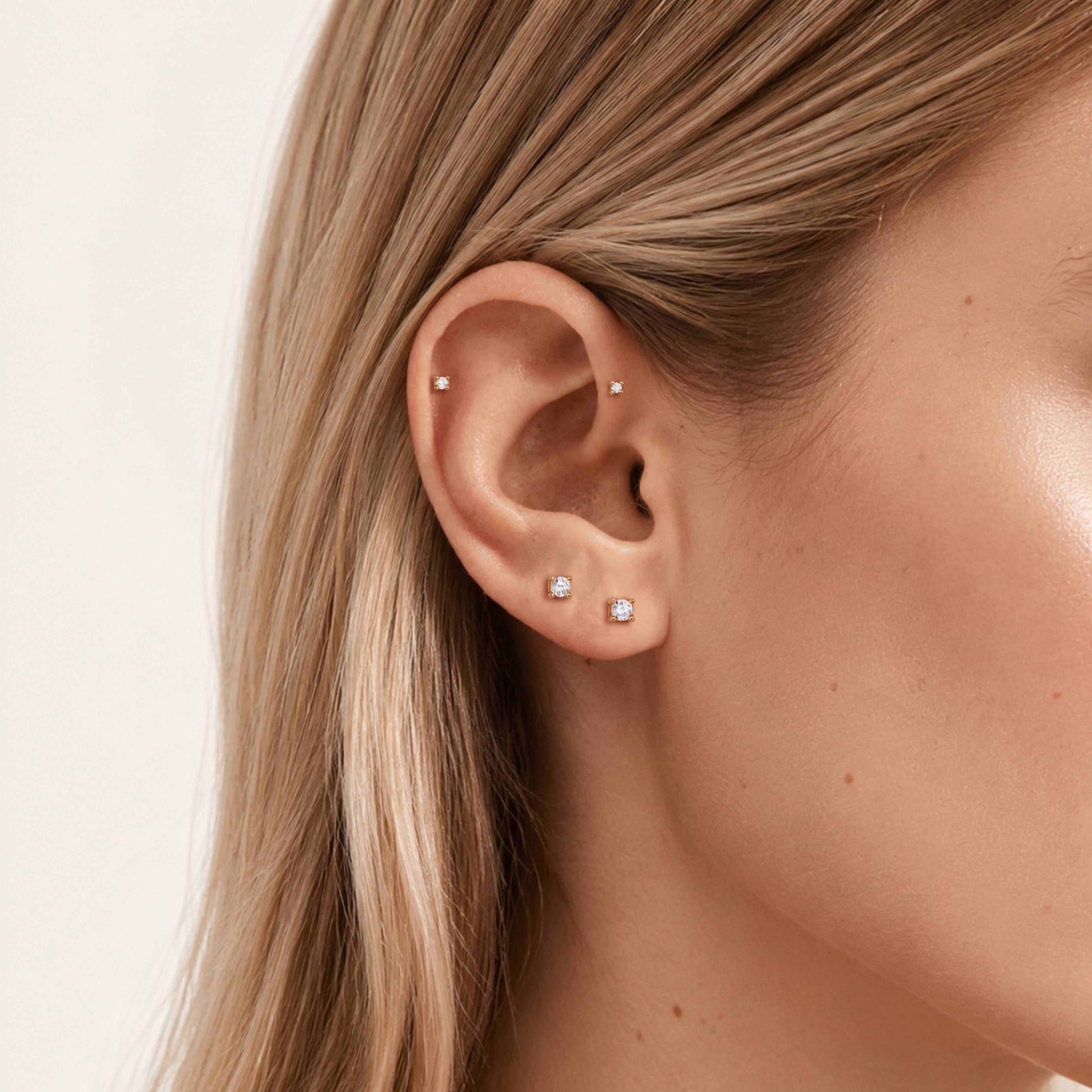 Sterling Silver Round Zirconia Solitaire Flat Back Earrings worn on the ear
