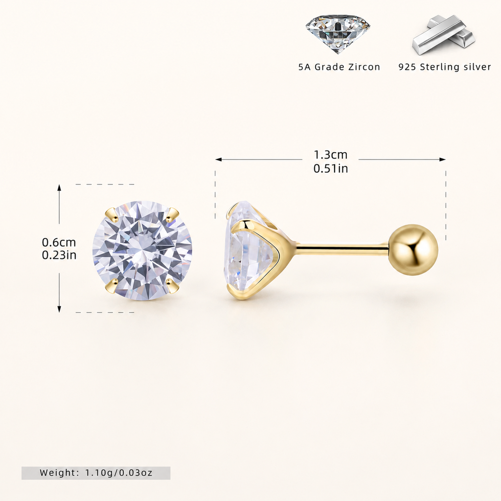 Sterling Silver Four-Prong Zirconia Flat Back Earrings - Gold / 6mm