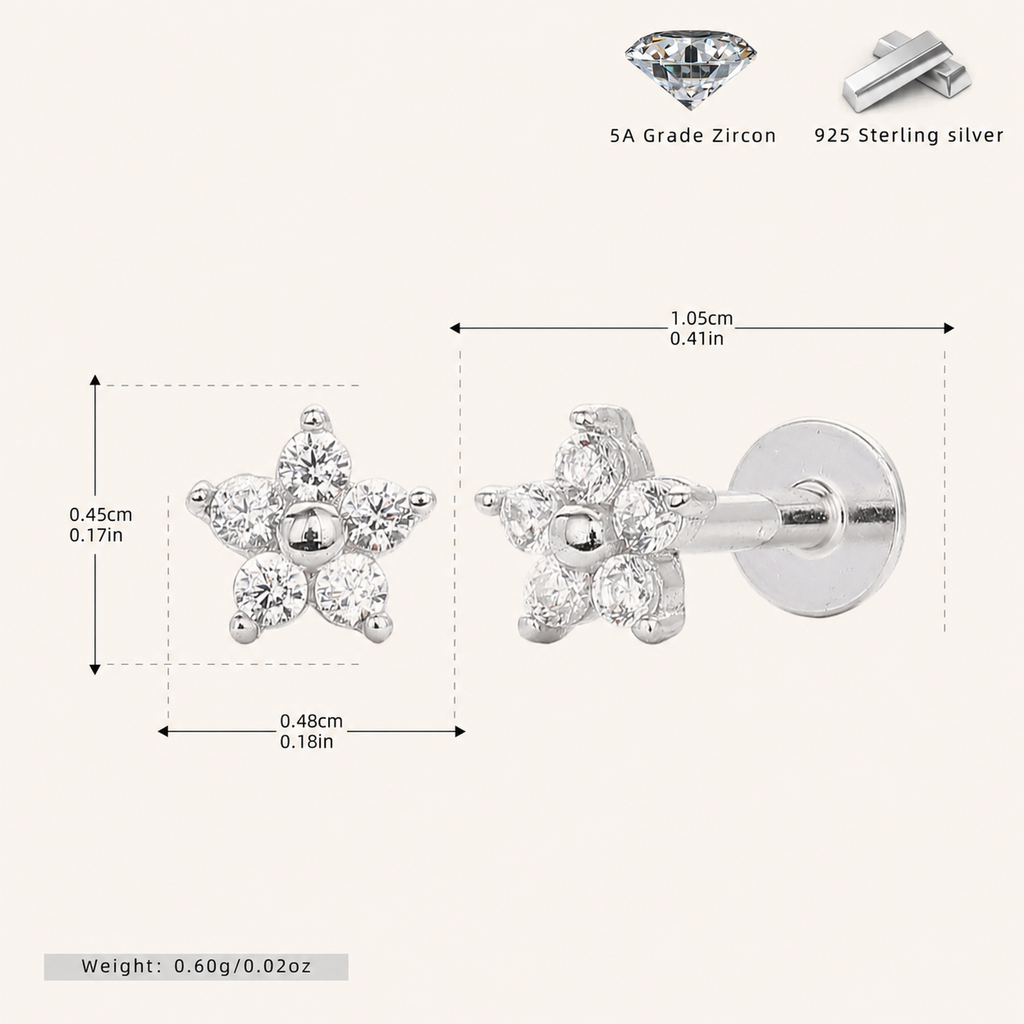 Sterling Silver Five-Point Star Zirconia Flower Flat Back Earrings - Platinum
