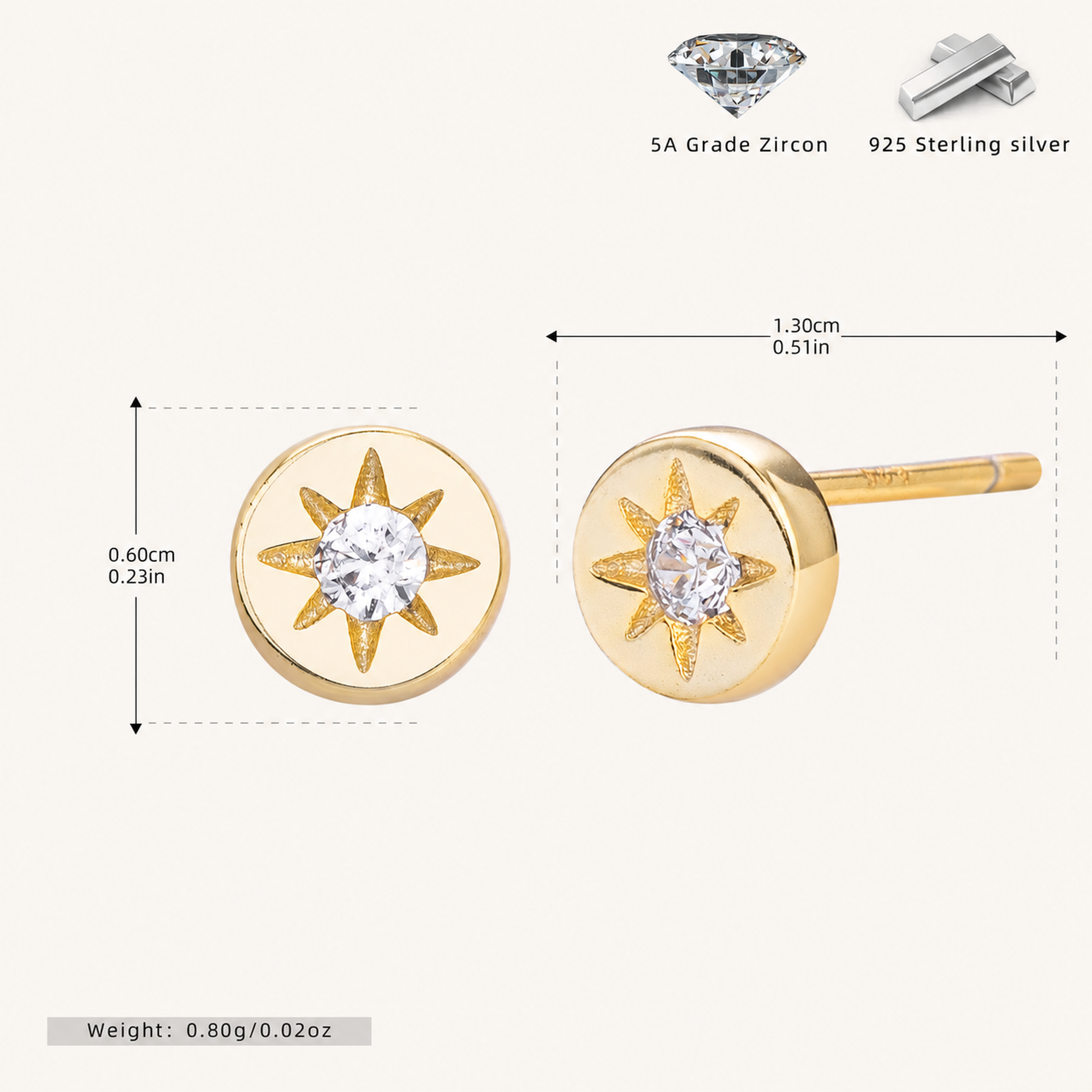 Sterling Silver Eight-Point Star Solitaire Stud Earrings - Gold