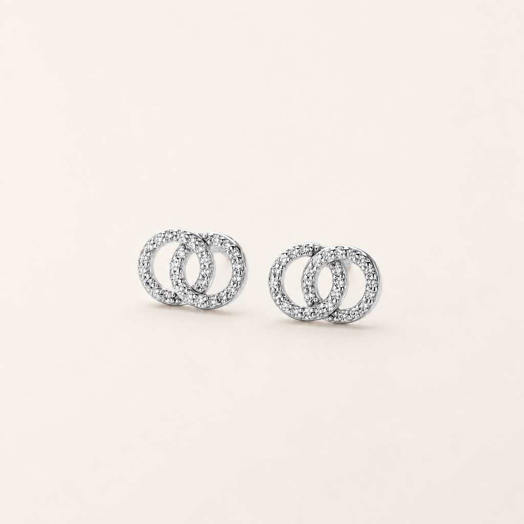 Sterling Silver Double Ring Zirconia Wrap Stud Earrings detail view
