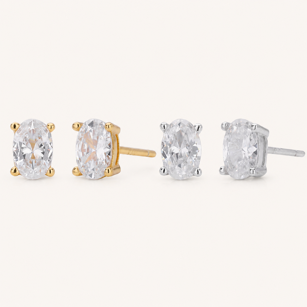 Sterling Silver Geometric Oval Zirconia Stud Earrings